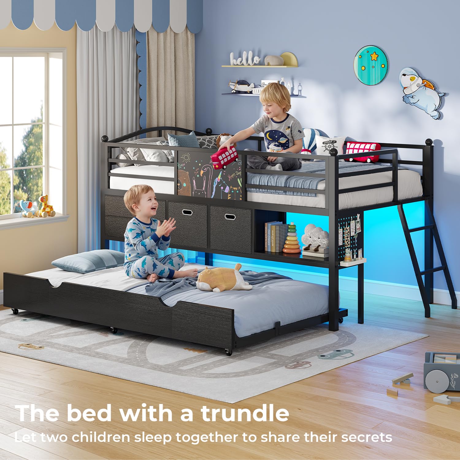 ADORNEVE Low Loft Bed Twin Size with Trundle & LED Lights, Kids Loft Bed with 4 Storage Drawers & Open Cubbies & DIY Pegboard, Twin Loft Bed with Safety Guardrail,Under-Bed Play Zone, Black