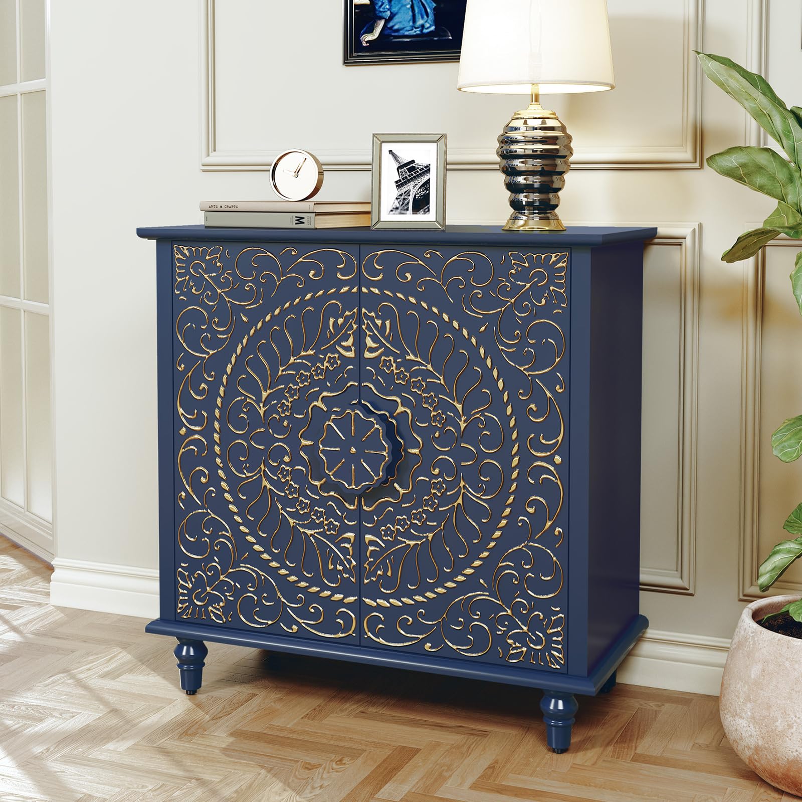 Accent Cabinet with Carved Flower Pattern Doors