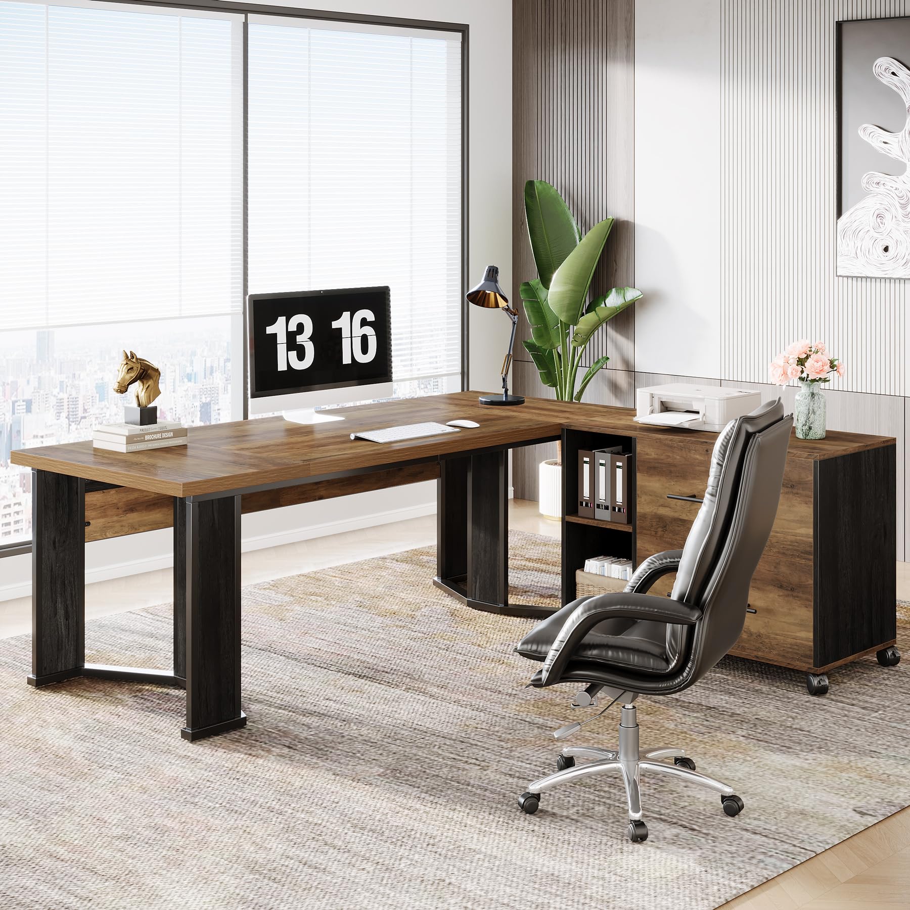 L-Shaped Executive Desk with File Cabinet