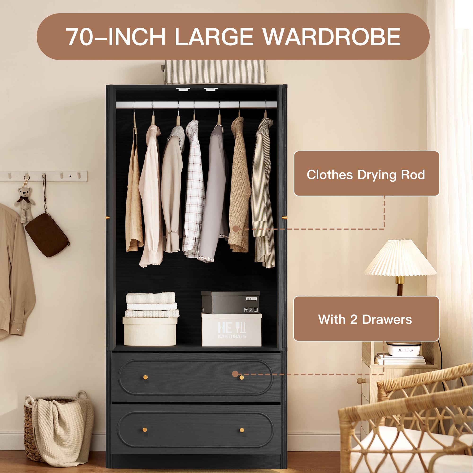 Fluted Freestanding Armoire Wardrobe Closet with 2 Doors and 2 Storage Drawers, Large Capacity Wardrobe Cabinet Set of 2, Wooden Closet for Bedroom, Living Room - Black