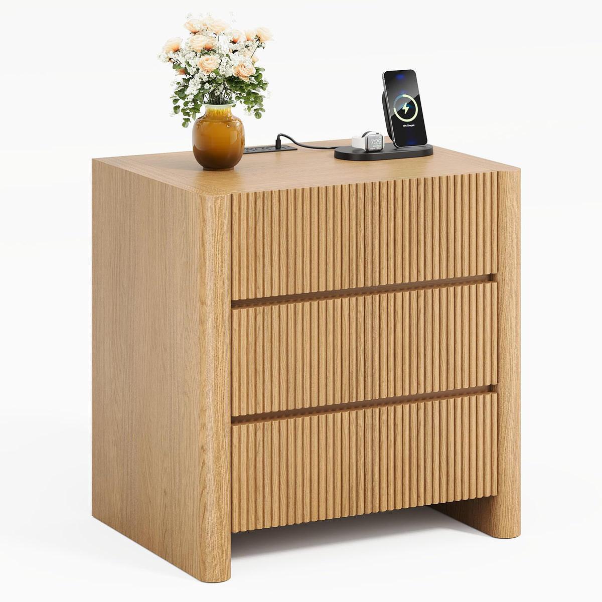 Apicizon 23.6'' Wide Fluted Nightstand with Charging Station, Natural