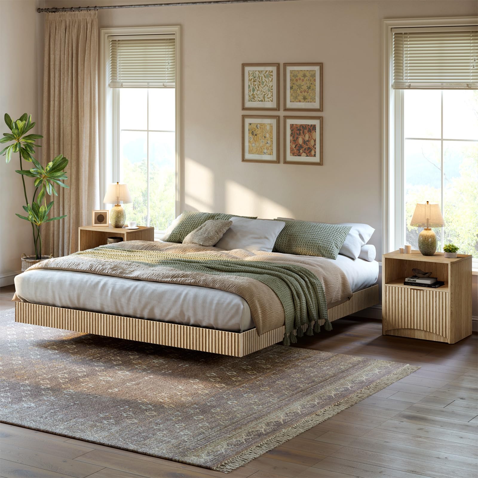 Fluted Floating Bed Frame with LED Lights & 2 Nightstands