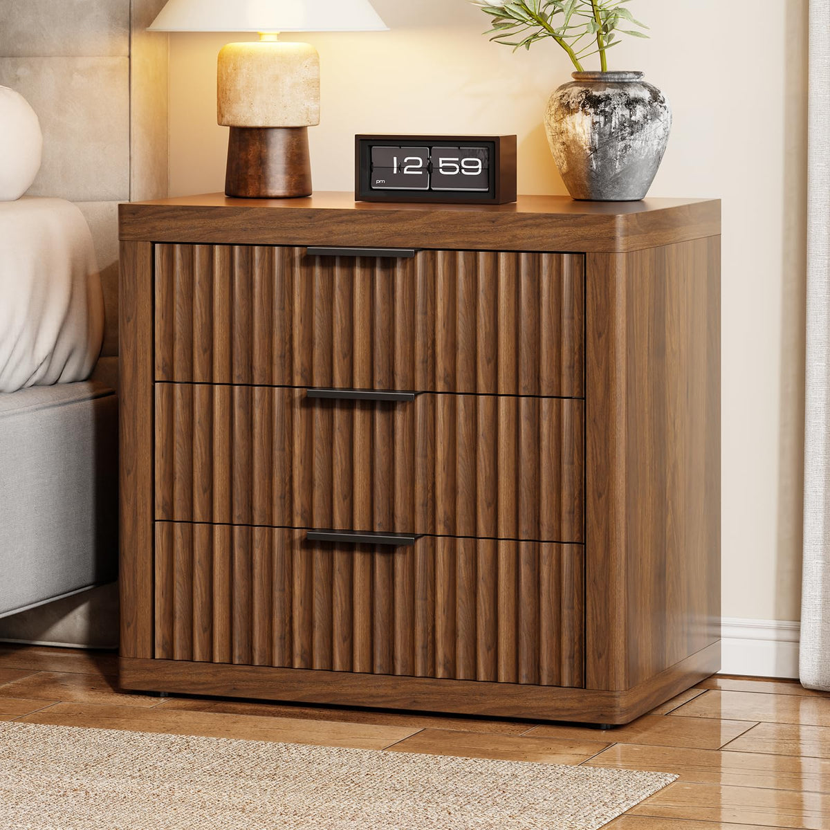 LOOMORA Fluted Nightstand with 3 Drawers, Night Stand, Walnut