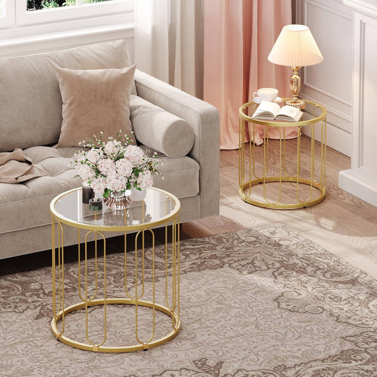 HOOBRO Small Coffee Table Set of 2, Gold Accent End Table with Metal Frame