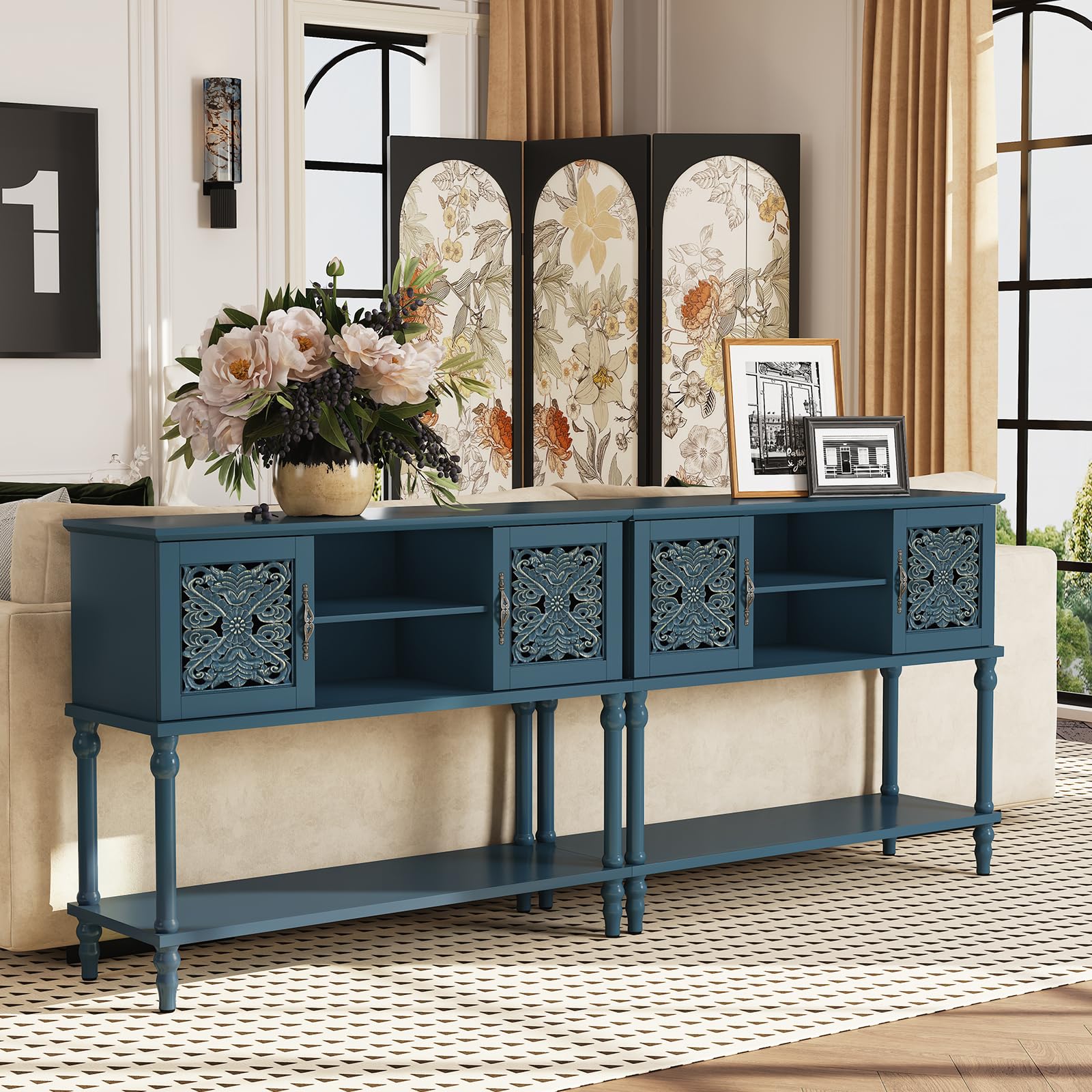 Vintage Console Table with Hand-Carved Doors