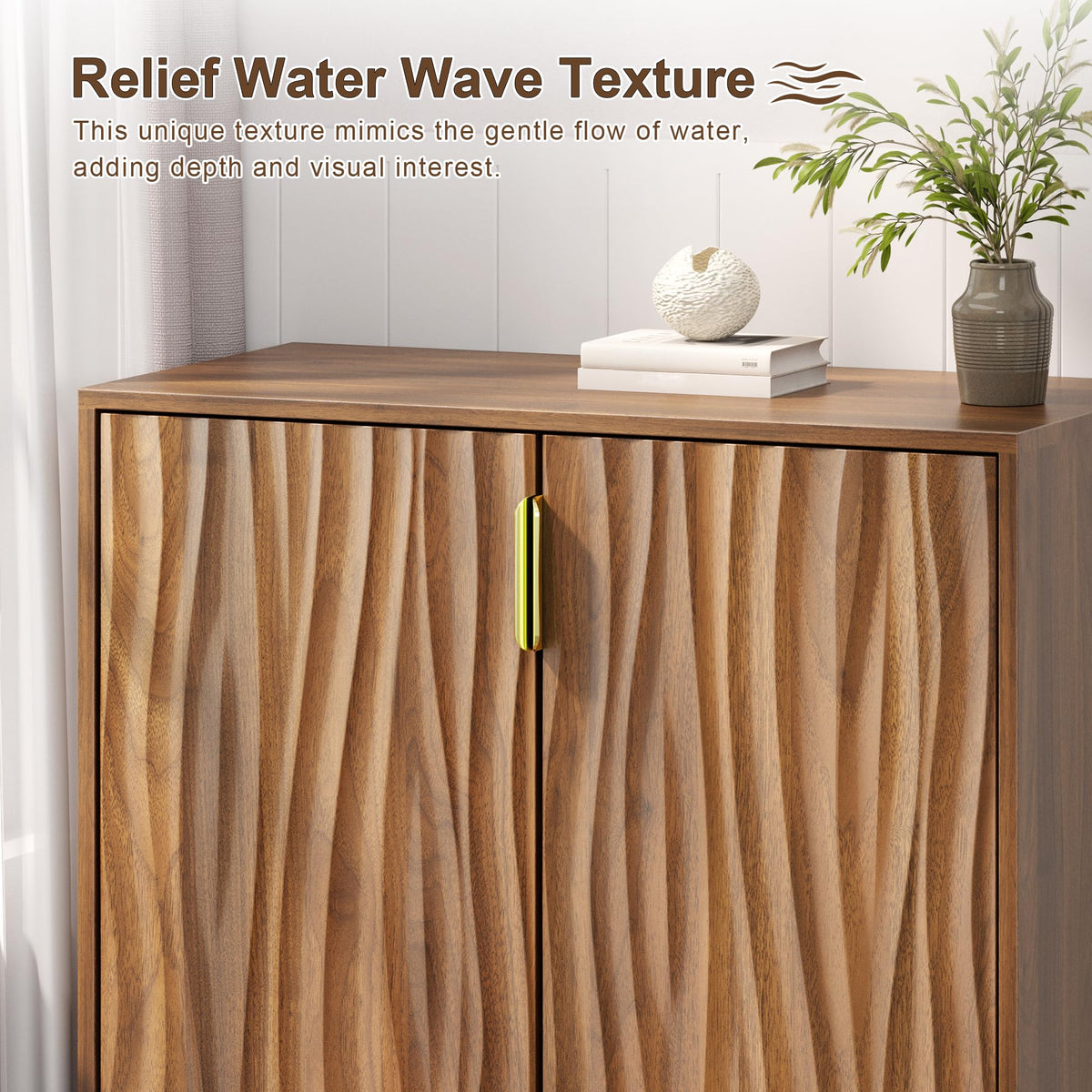 Dorivibe Sideboard Buffet Cabinet, 31.5" Walnut Storage Cabinet, Water Ripple Doors, 4-Tier Adjustable Shelves, 15.6" Deep Mid-Century Accent Cabinet for Dining Room, Living Room, Entryway