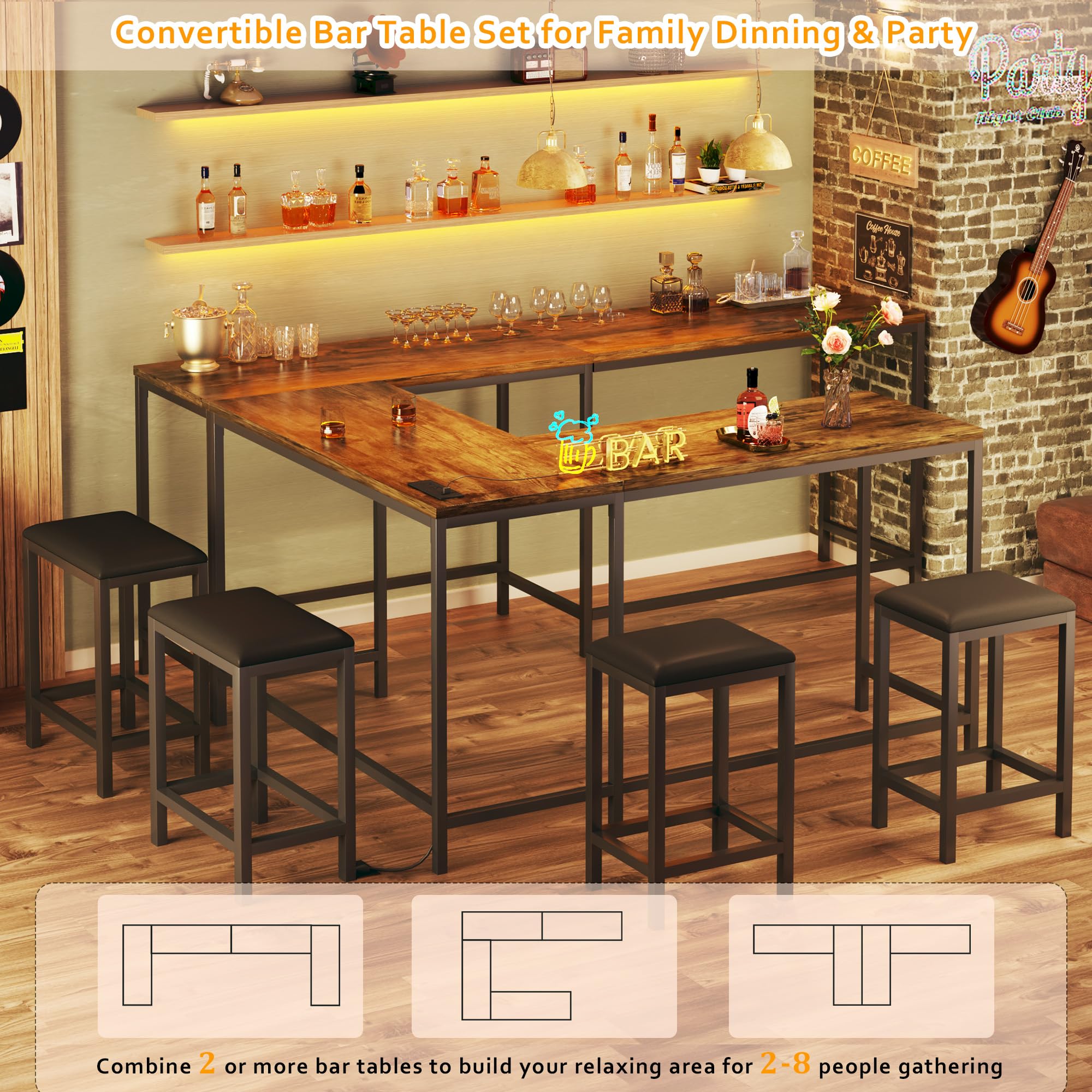 L Shaped Bar Table with Stools, 63‘’ Bar Height Table with Power Outlets, Convertible Corner Counter Height Bar Table with 2 Stools, Rectangular High Top Table for Small Spaces, Breakfast Nook, Rustic
