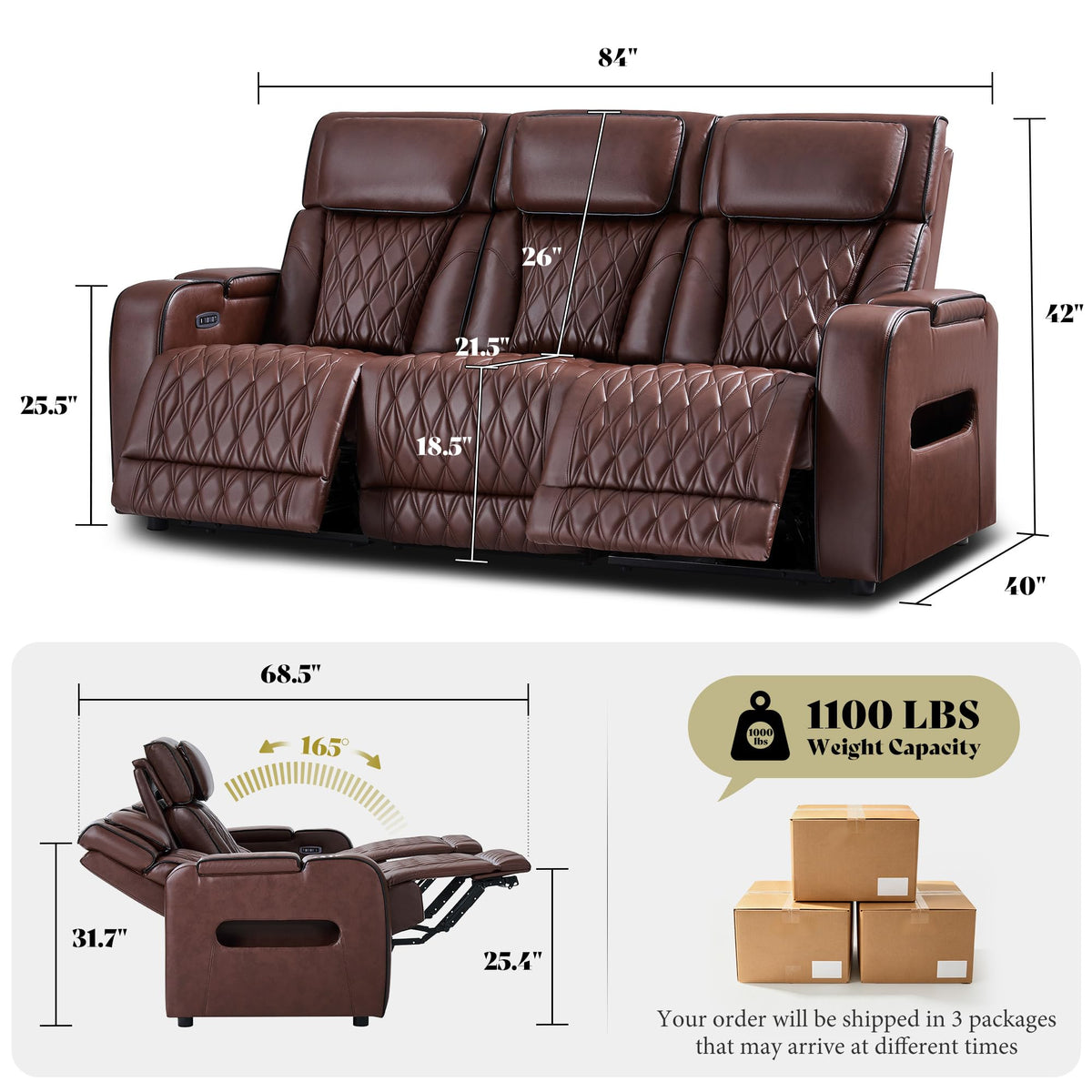 FORTEVA Recliner Sofa with Zero Gravity, Home Theater Seating, Dark Brown