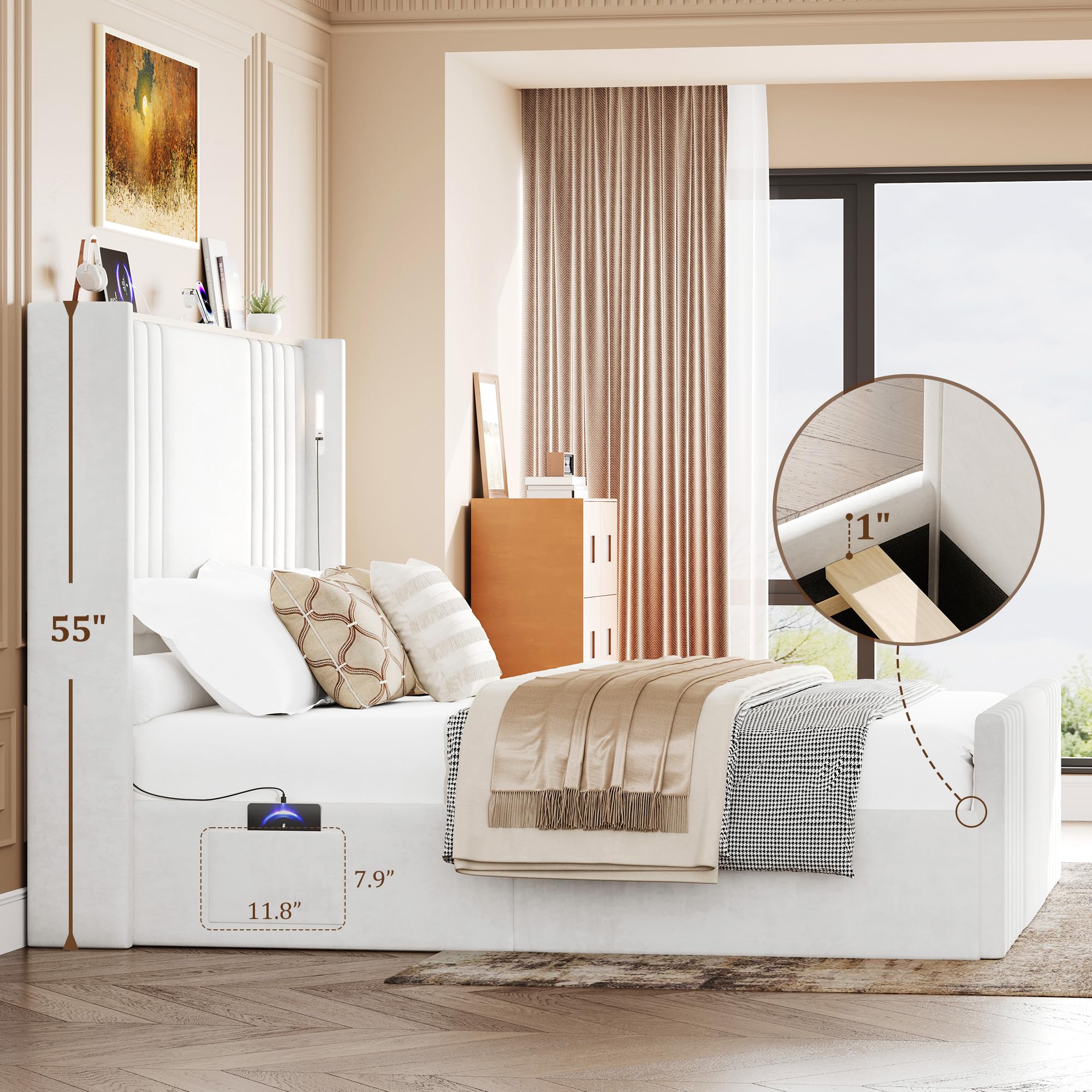 Velvet Wingback Platform Bed Frame with LED Reading Lights