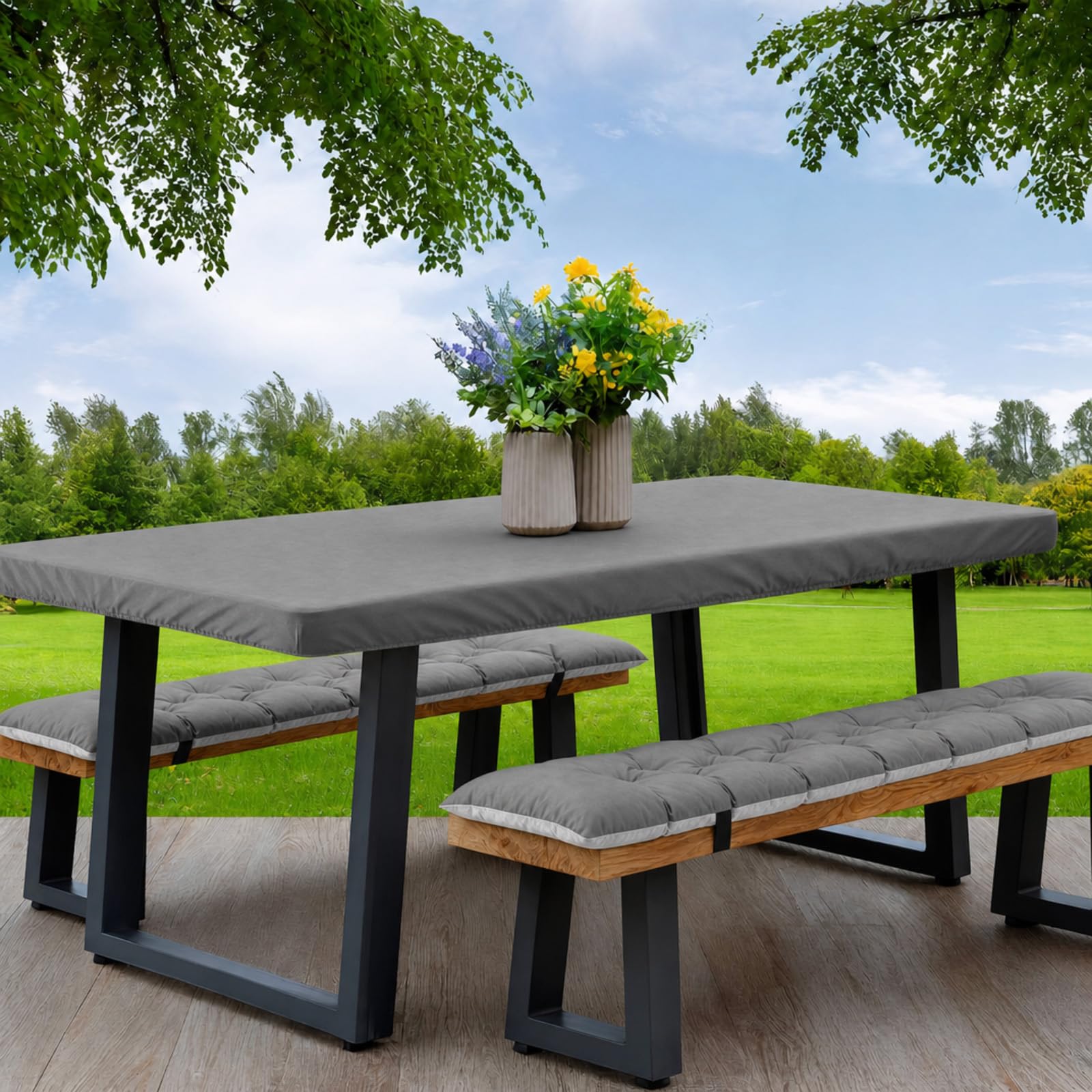 3 Pcs Picnic Bench Cushions with Table Cover Set Outdoor Waterproof Picnic Table Seat Cushion with Straps Buckles 72x10x3 in Elastic Fitted Tablecloths 6ft Rectangle Folding Easy to Carry(Dark Gray)