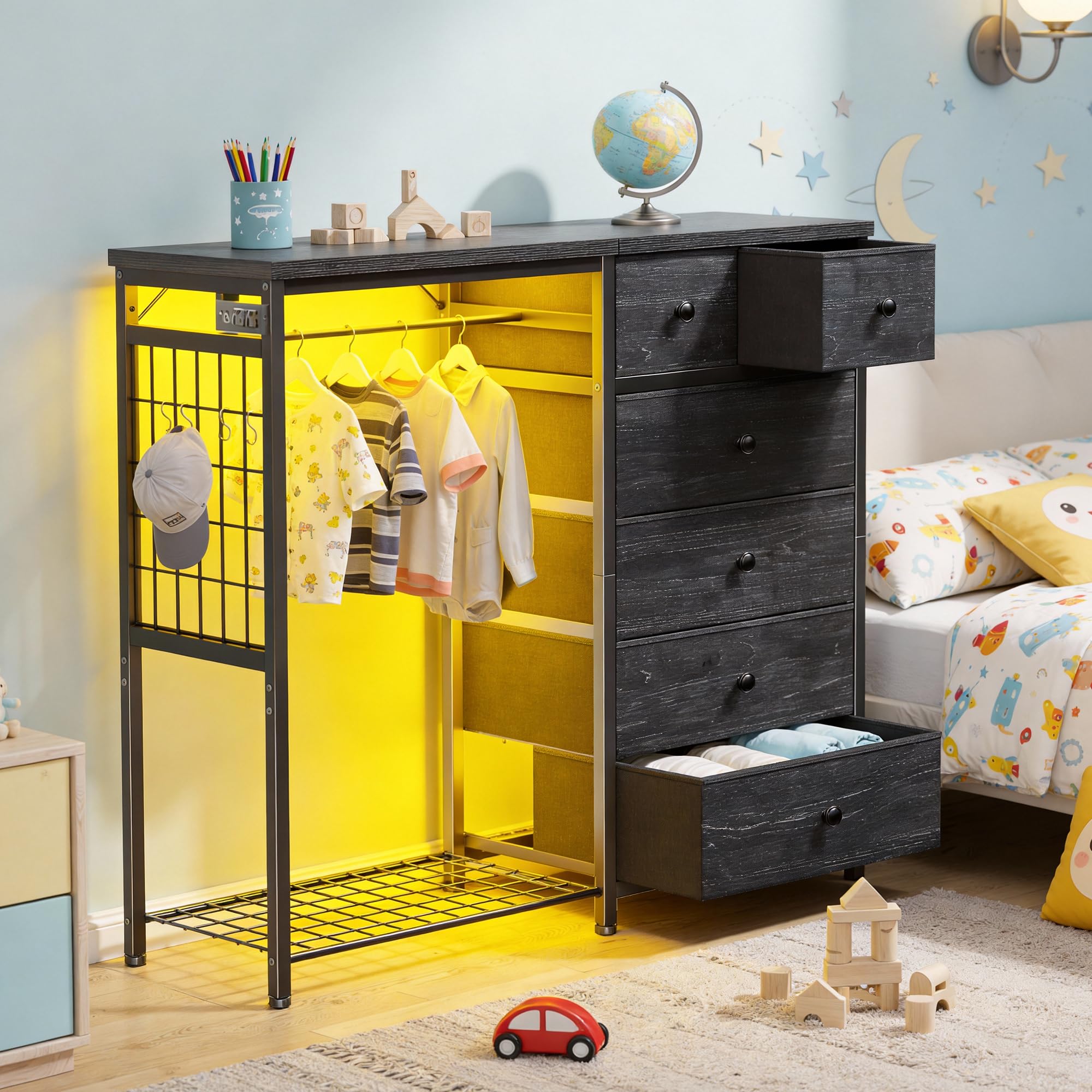 EnHomee Dresser with Hanging Rack, 6 Drawers with LED Lights & Charging Station, Fabric Chest of Drawers, Closet Storage Organizer with Open Shelves for Living Room, Black