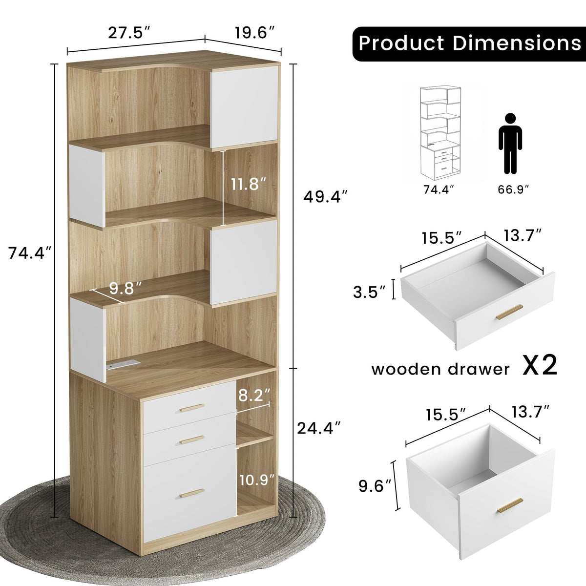 Corner Bookshelf with Drawers & Charging Ports