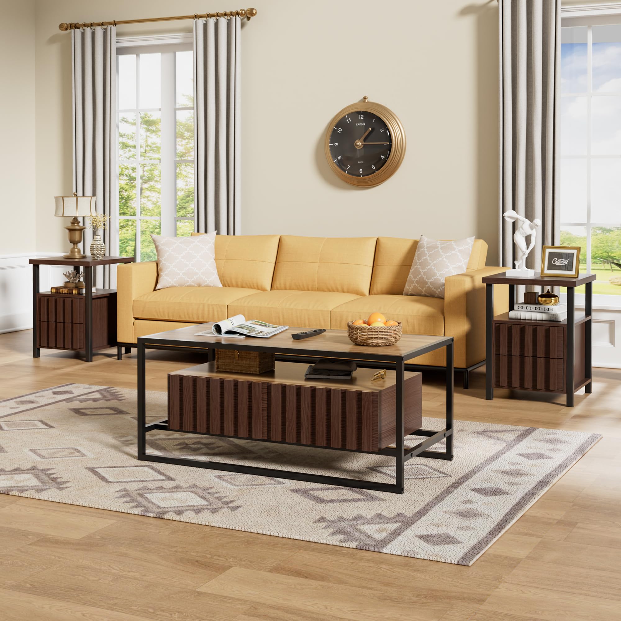 3-Piece Coffee Table Set with Drawers & Open Shelves