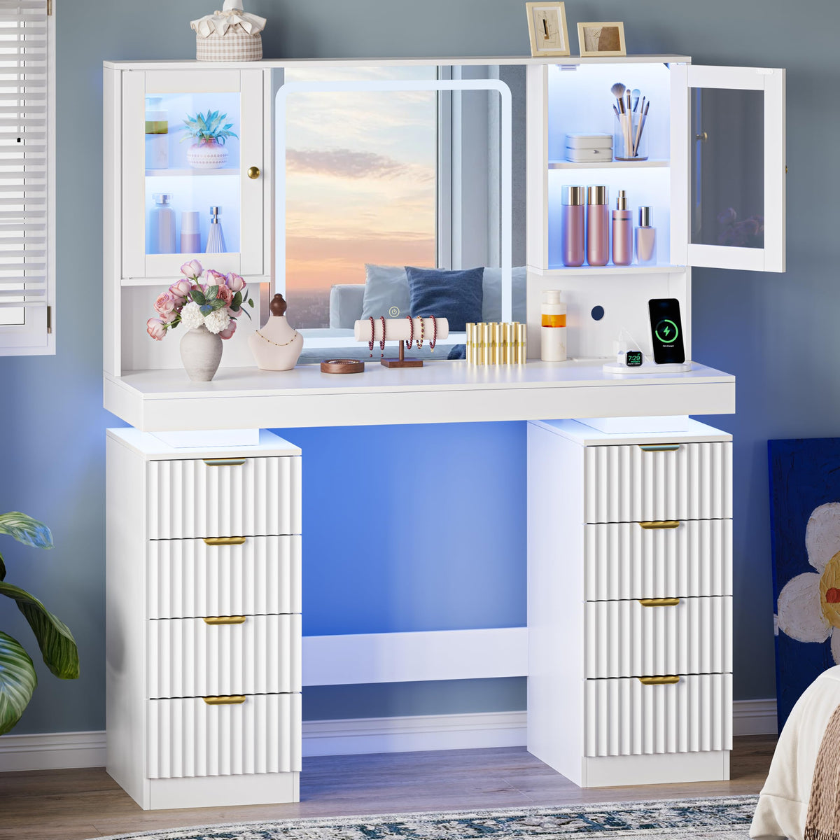 BOXACTION 45" Floating Vanity Desk with RGB Lighting & Led Mirror, White