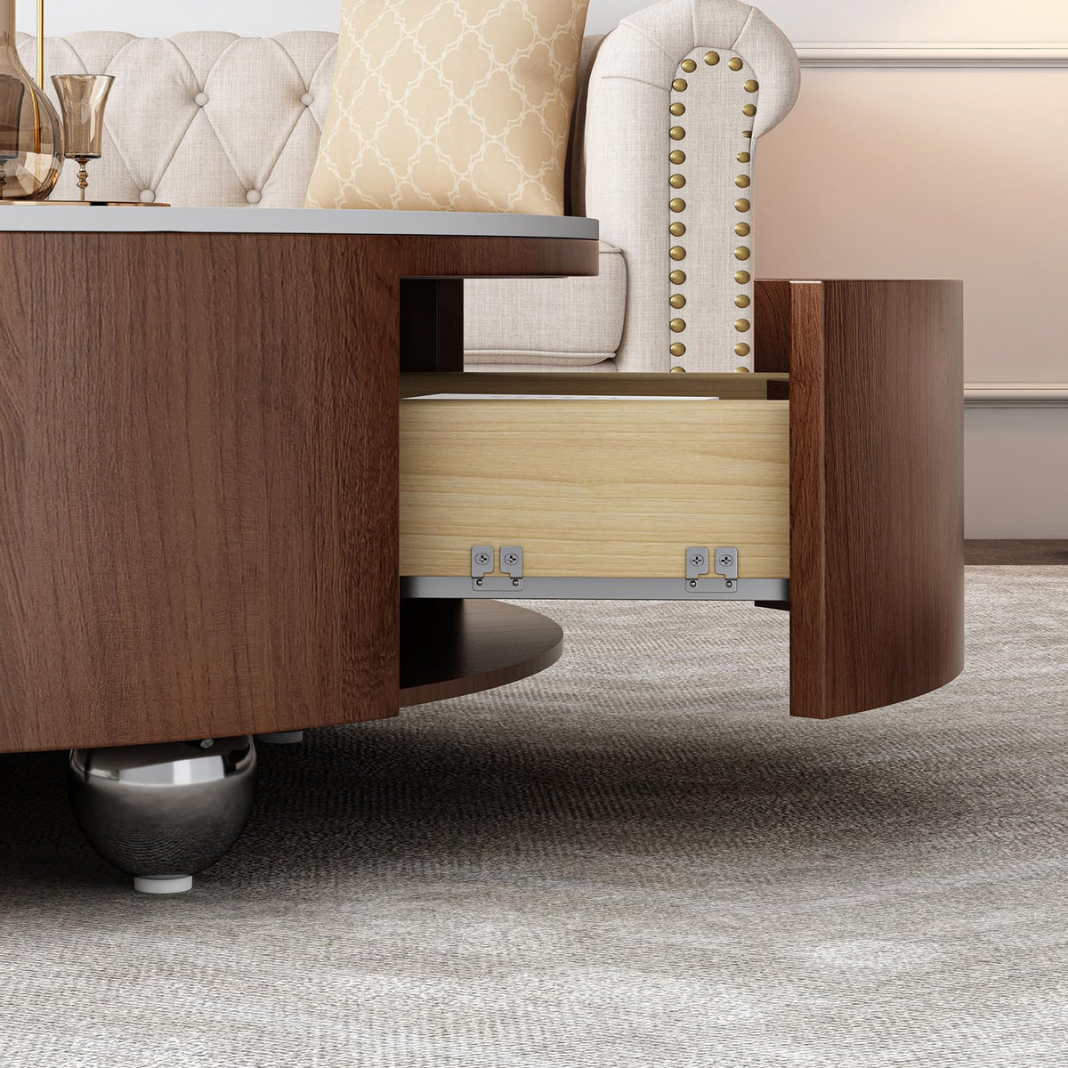 Round Stone Coffee Table with Drawers