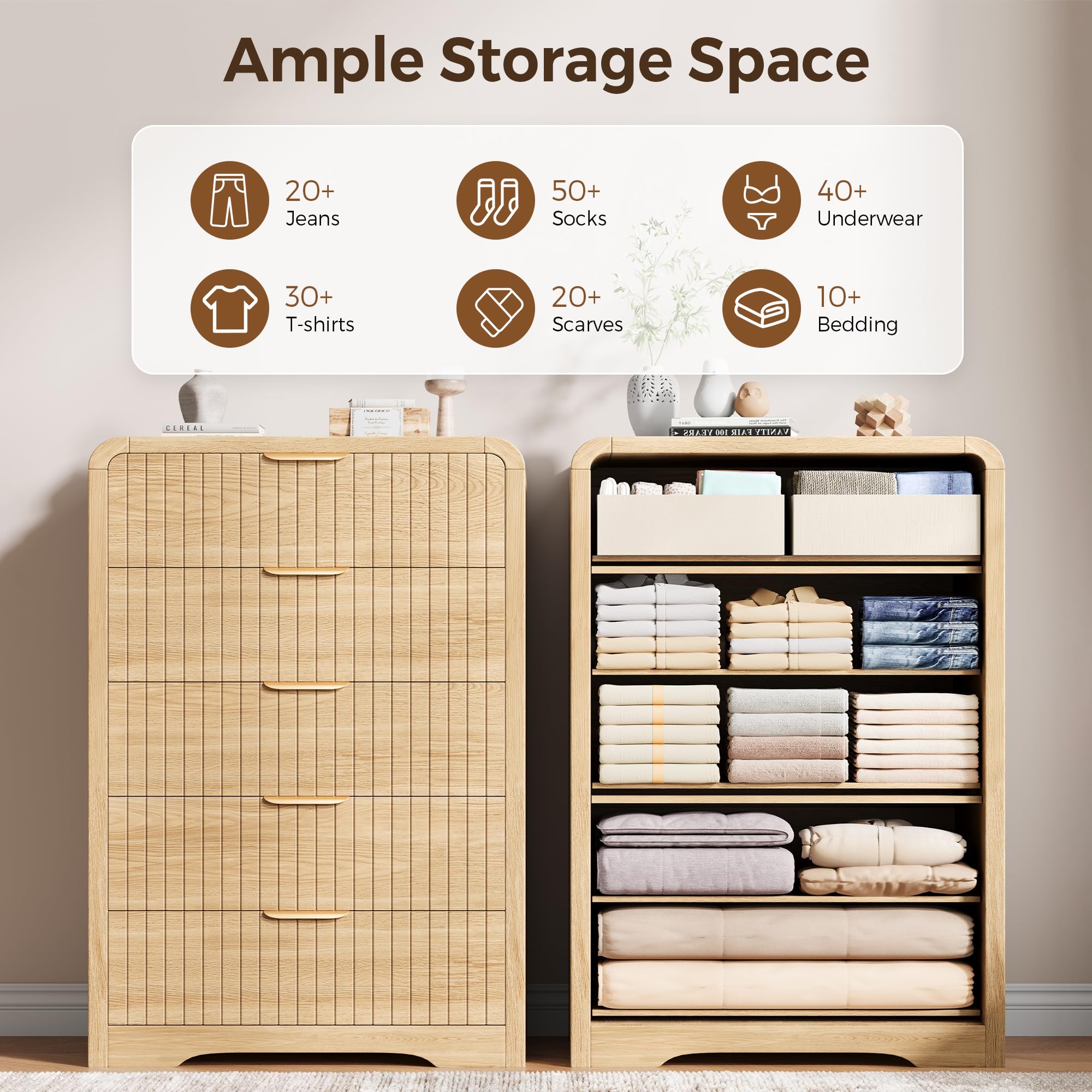 Fluted 5-Drawer Dresser with Curved Profile
