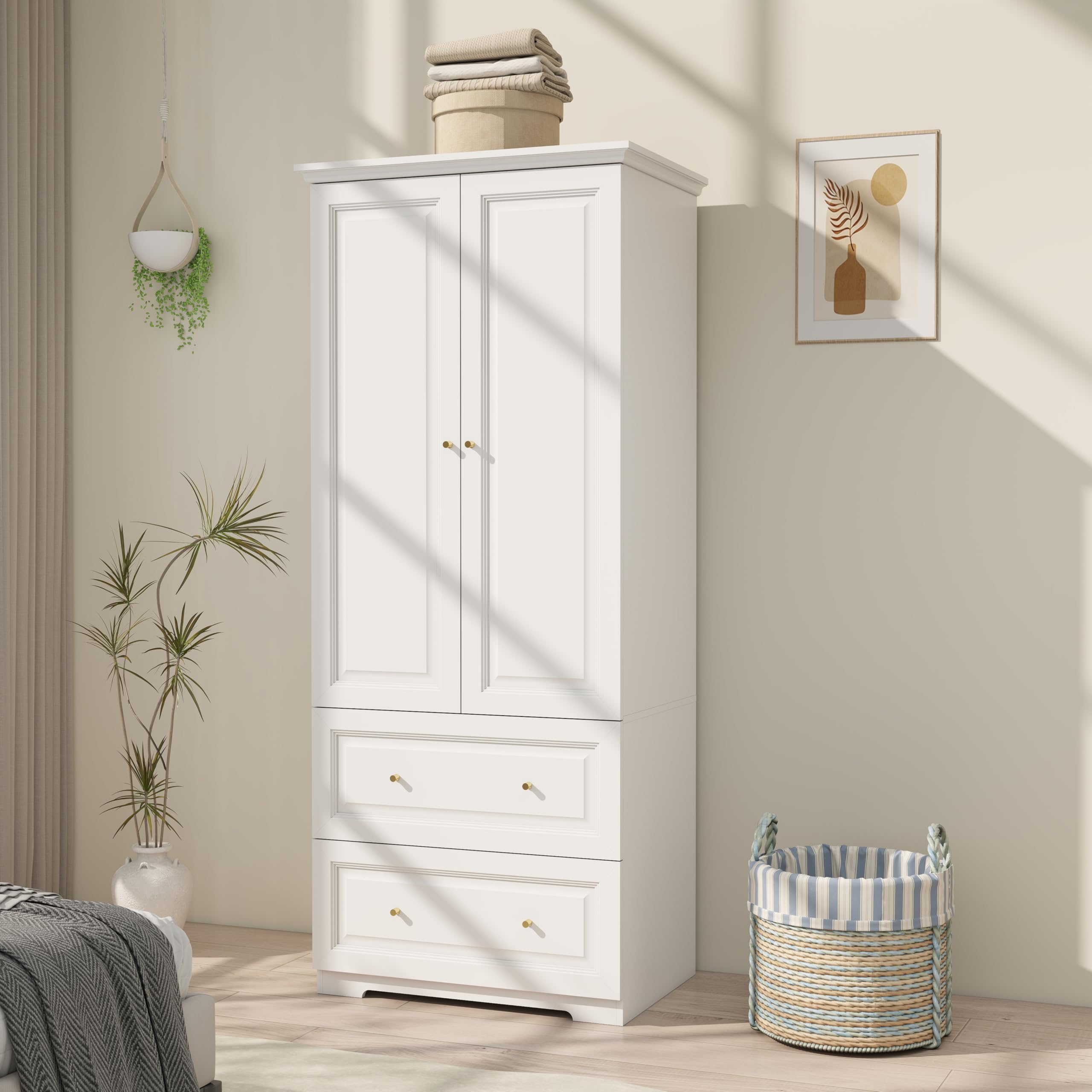 LABROSKIA White Wardrobe with 2 Drawers: 74" Wooden Wardrobe Closet for Hanging Clothes, Tall Armoire Closet with 2 Doors, Bedroom Armoires with Hanging Rod (32")