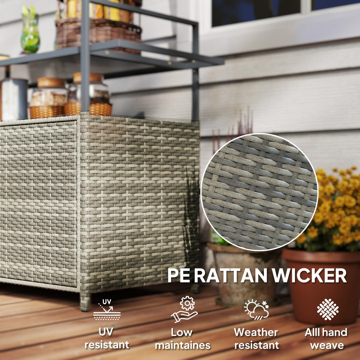Outsunny PE Rattan Outdoor Storage Cabinet Bar Cart, Wheels, Mixed Gray