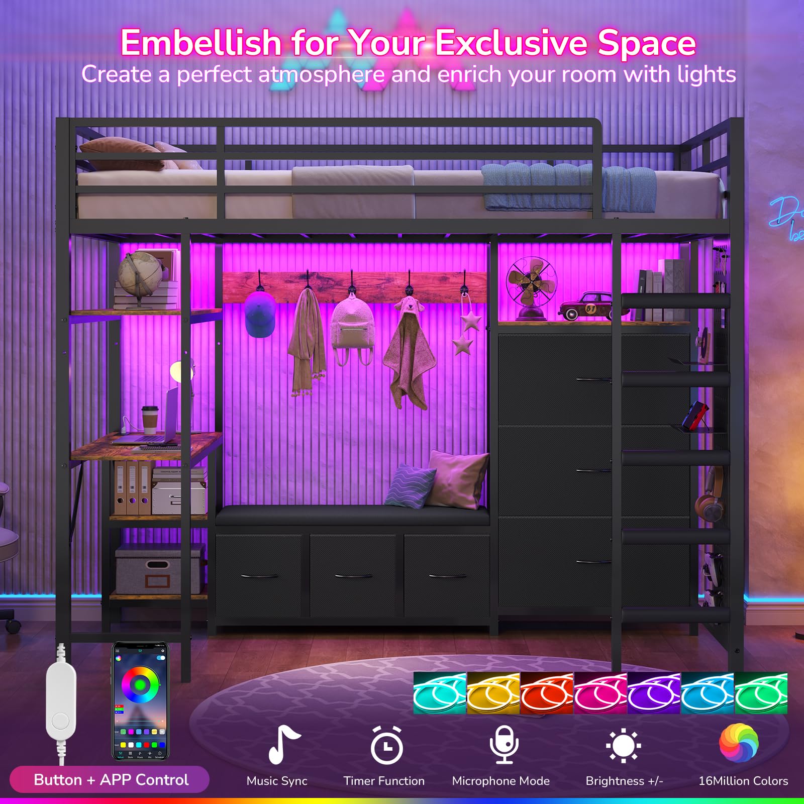 Twin Loft Bed with Desk, Storage & LED Lights