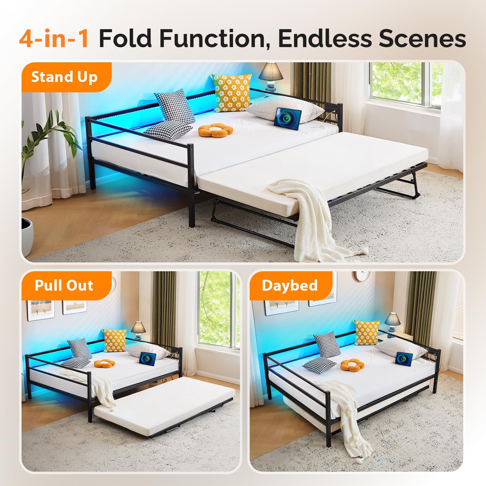 VINGLI Daybed with Trundle Bed Twin, Charging Station and LED Lights,Heavy Duty Metal Twin Daybed with Pop up Trundle for Living Room,Bedroom,Guest Room, No Box Spring Needed,Black