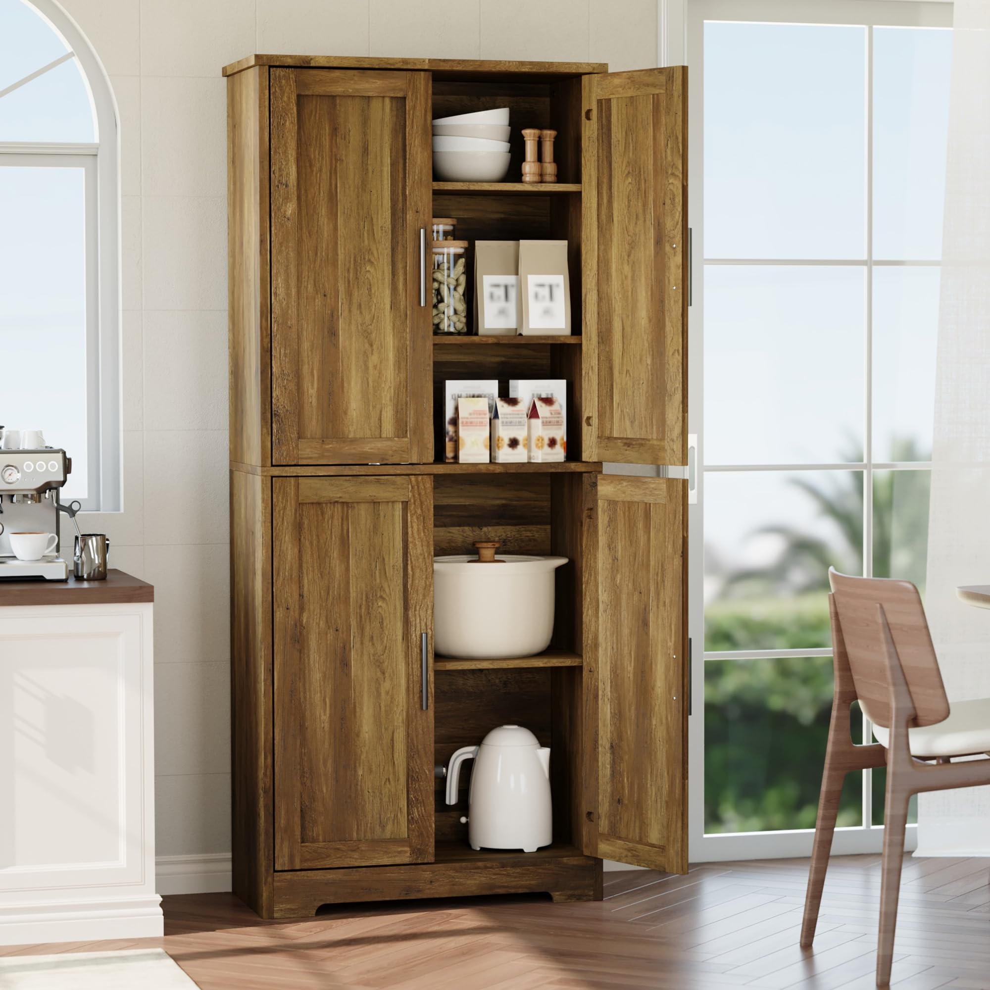 Garvee Modern Tall Pantry Cabinet – Freestanding Kitchen Storage Cupboard with 4 Doors & 3 Adjustable Shelves – Versatile for Living Room, Dining Room, Bathroom, Laundry, Utility – Barnwood Finish