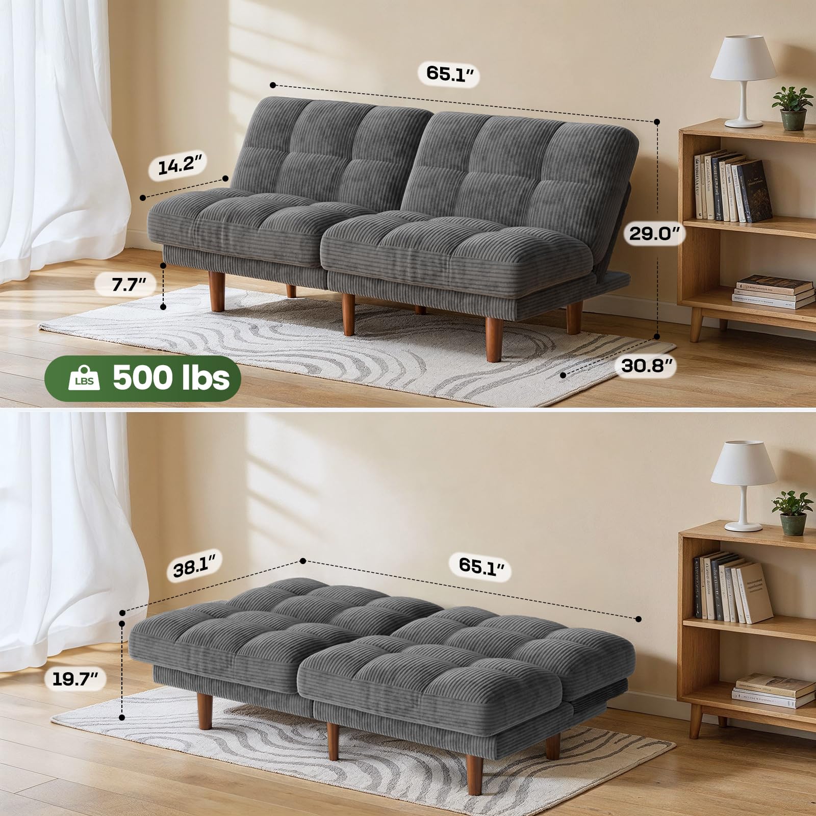 Convertible Futon Sofa Bed with Adjustable Backrest