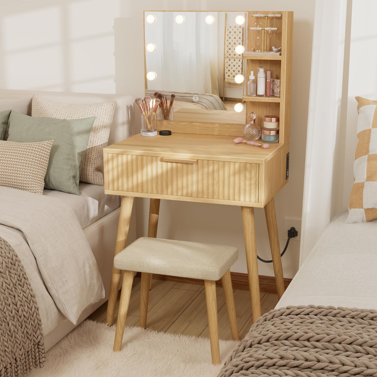 Fluted Makeup Vanity with Lights and Stool