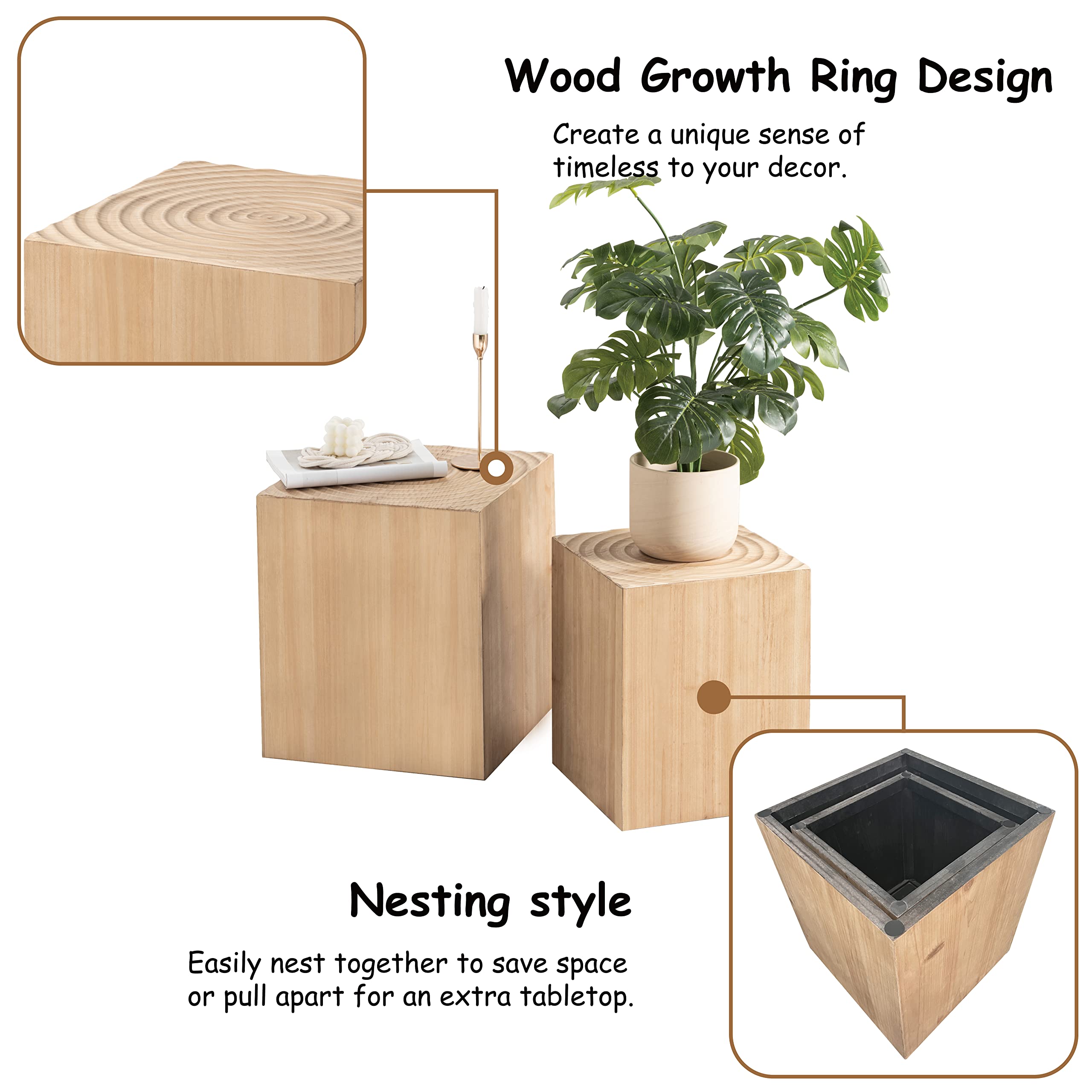 Wood Tree Ring Drum End Tables – Set of 2, Fully Assembled
