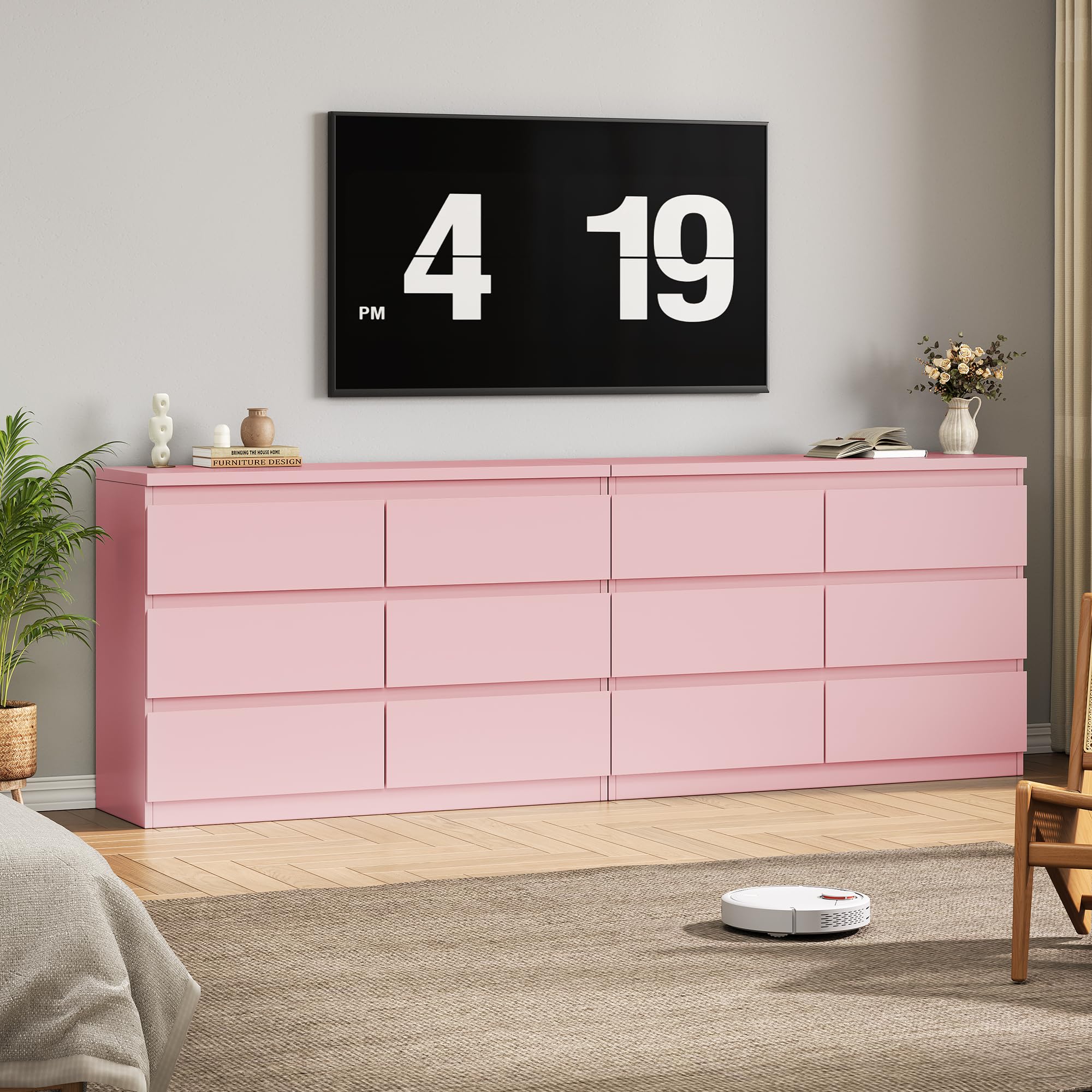 6-Drawer Pink Dresser with Metal Rails