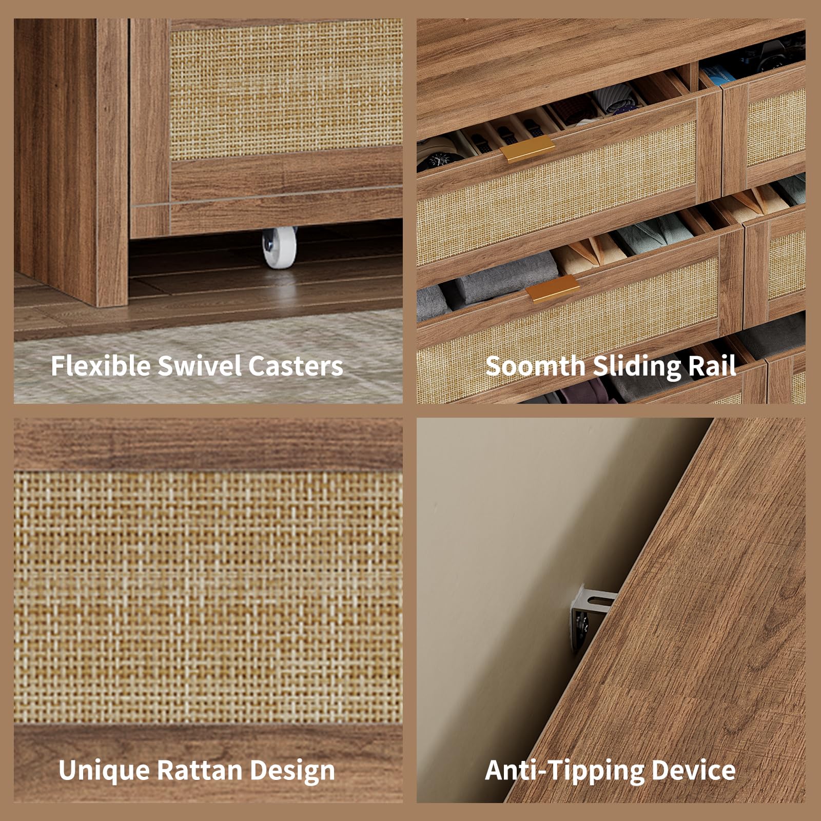 Cozynome 6 Drawers Dresser for Bedroom, 57” Rattan Dresser with Ample Storage, Boho Chest of Drawers, Wooden Dresser with Metal Handle, Rattan Dresser for Closet, Living Room, Entryway, Natural