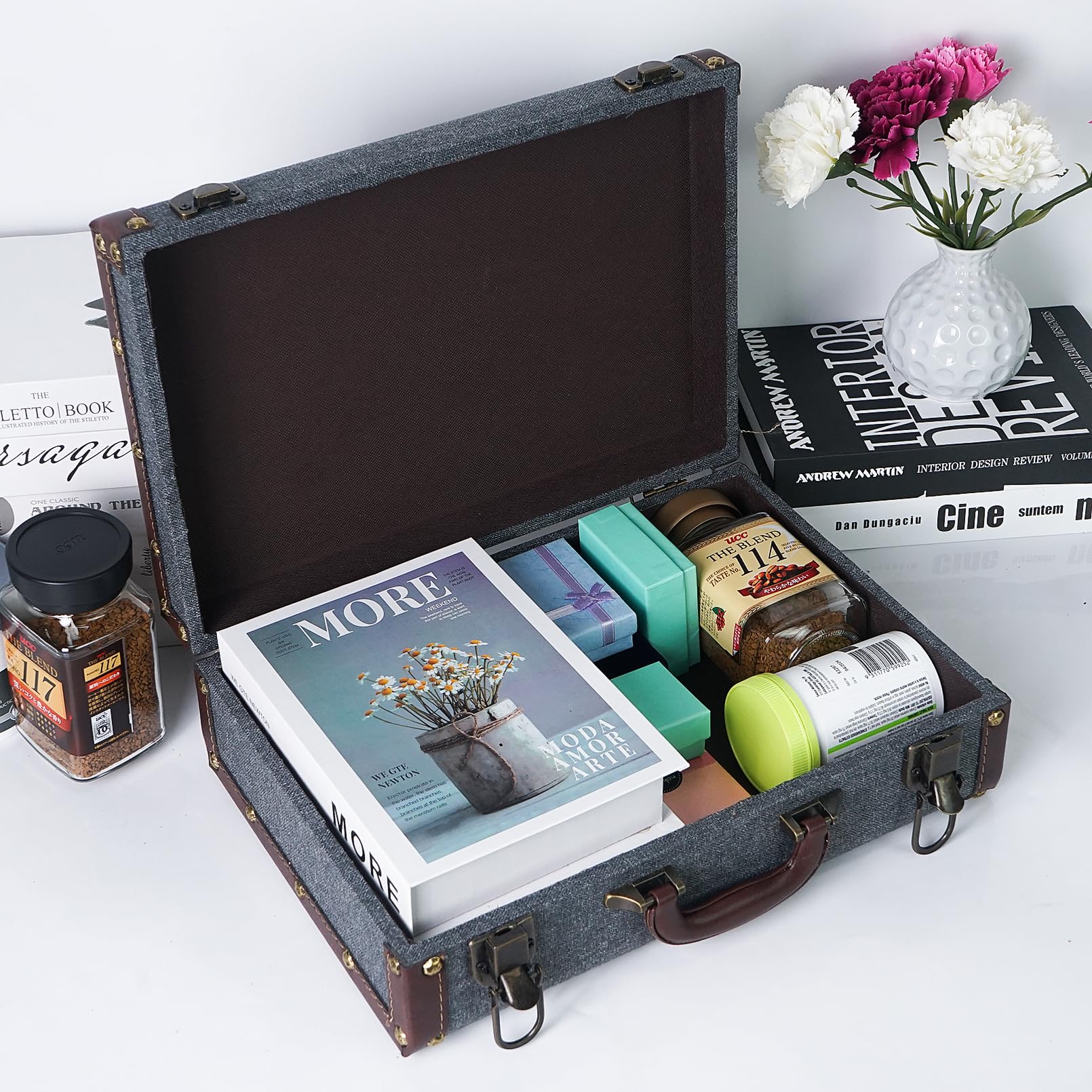 Vintage Wooden Suitcase Storage Box with Handle