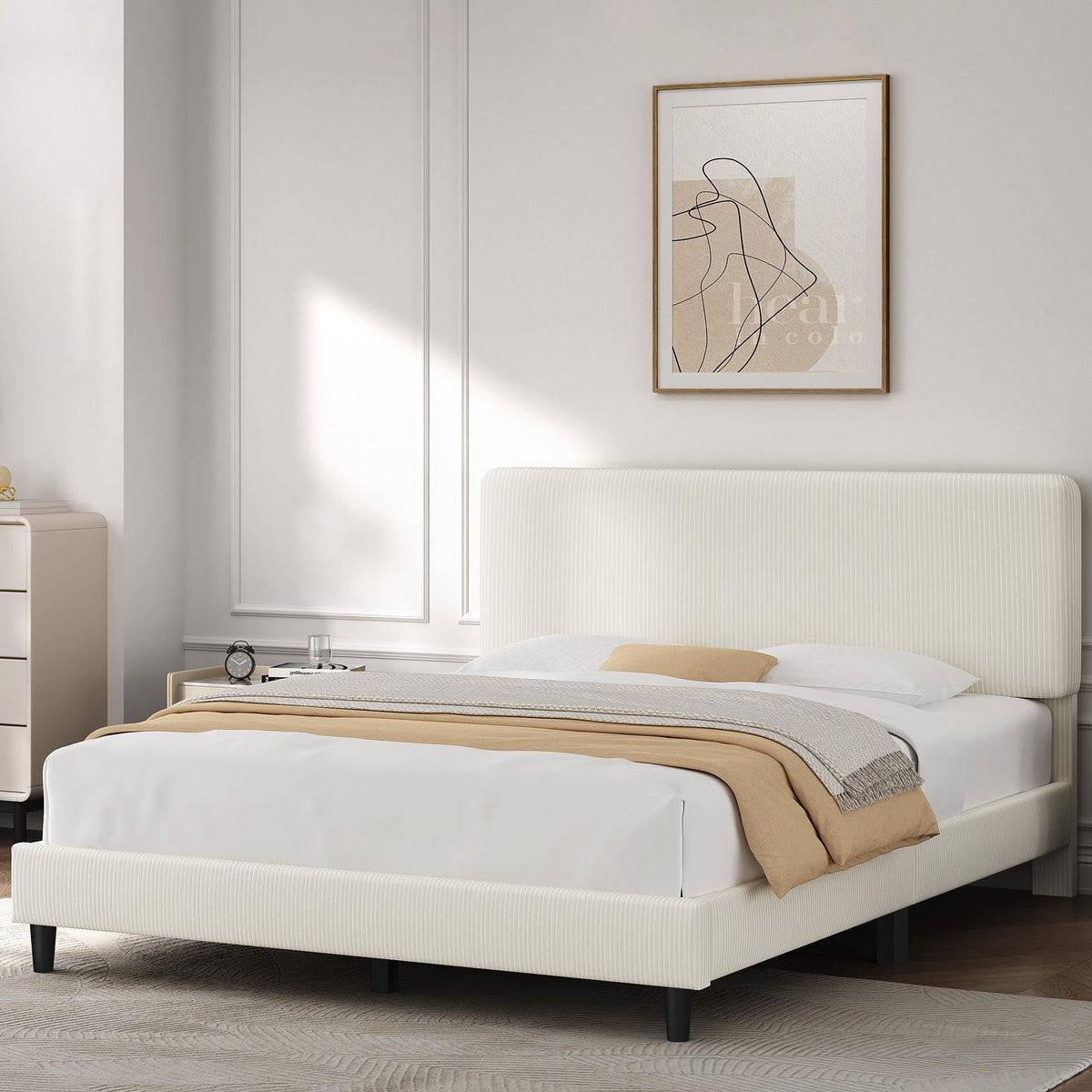 Yaheetech Queen Bed Frame, Adjustable Chenille Upholstered Headboard, Beige