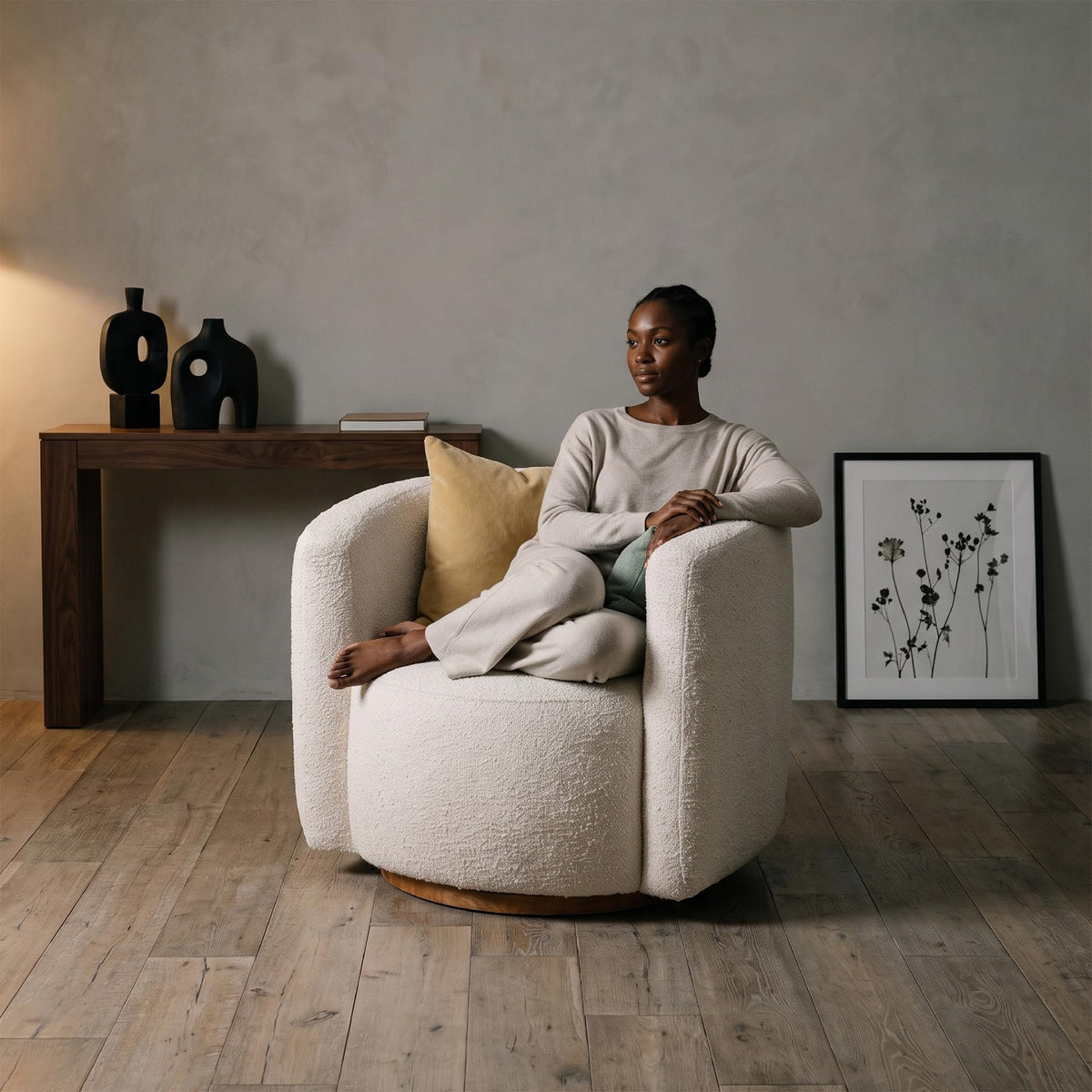 Oversized Cream Swivel Barrel Chair
