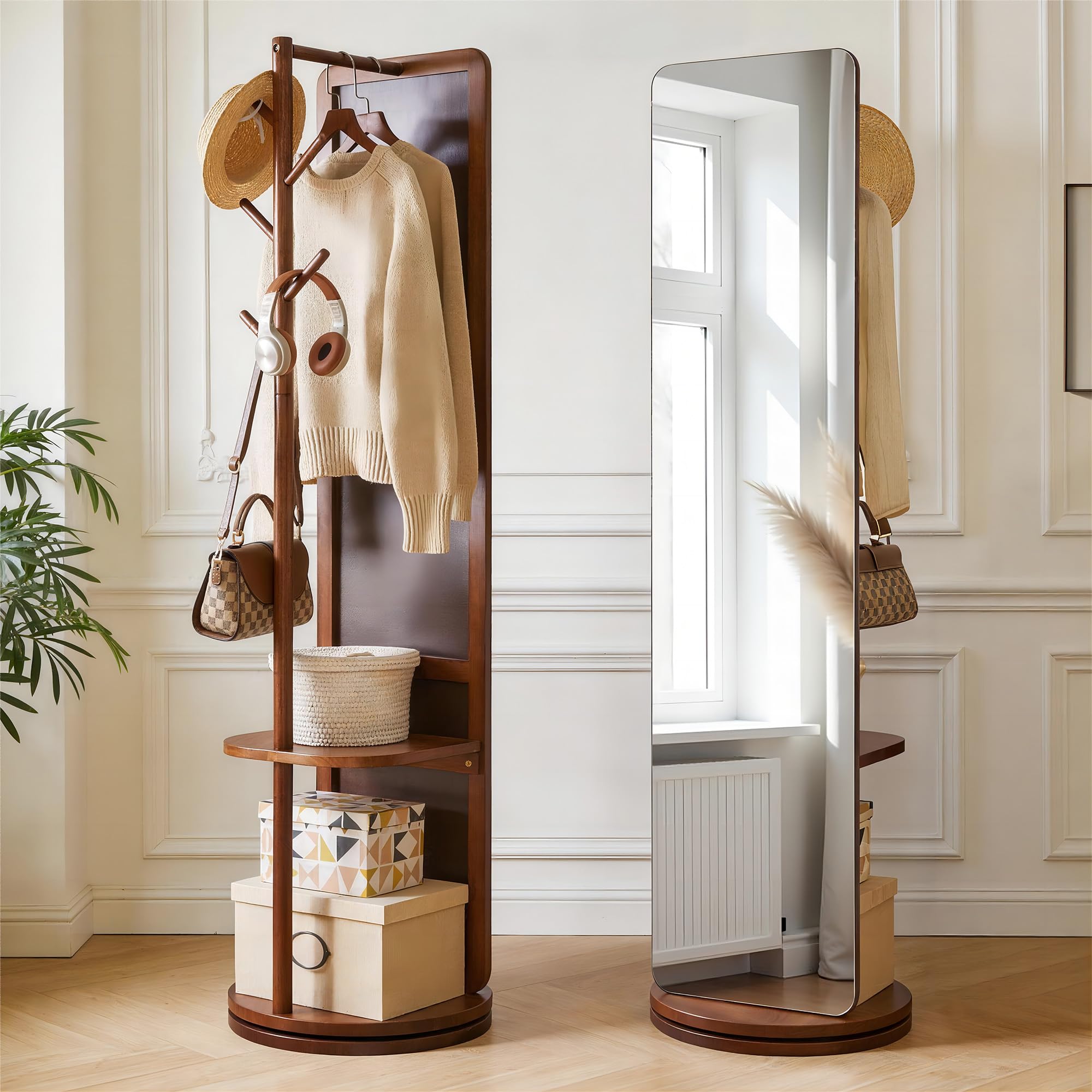 Purfeel Home Solid Wood Floor Mirror 69"x19"Full Length Mirror with Standing,360°Rotating Coat Rack with Mirror for Bedroom, Living Room, Cloakroom