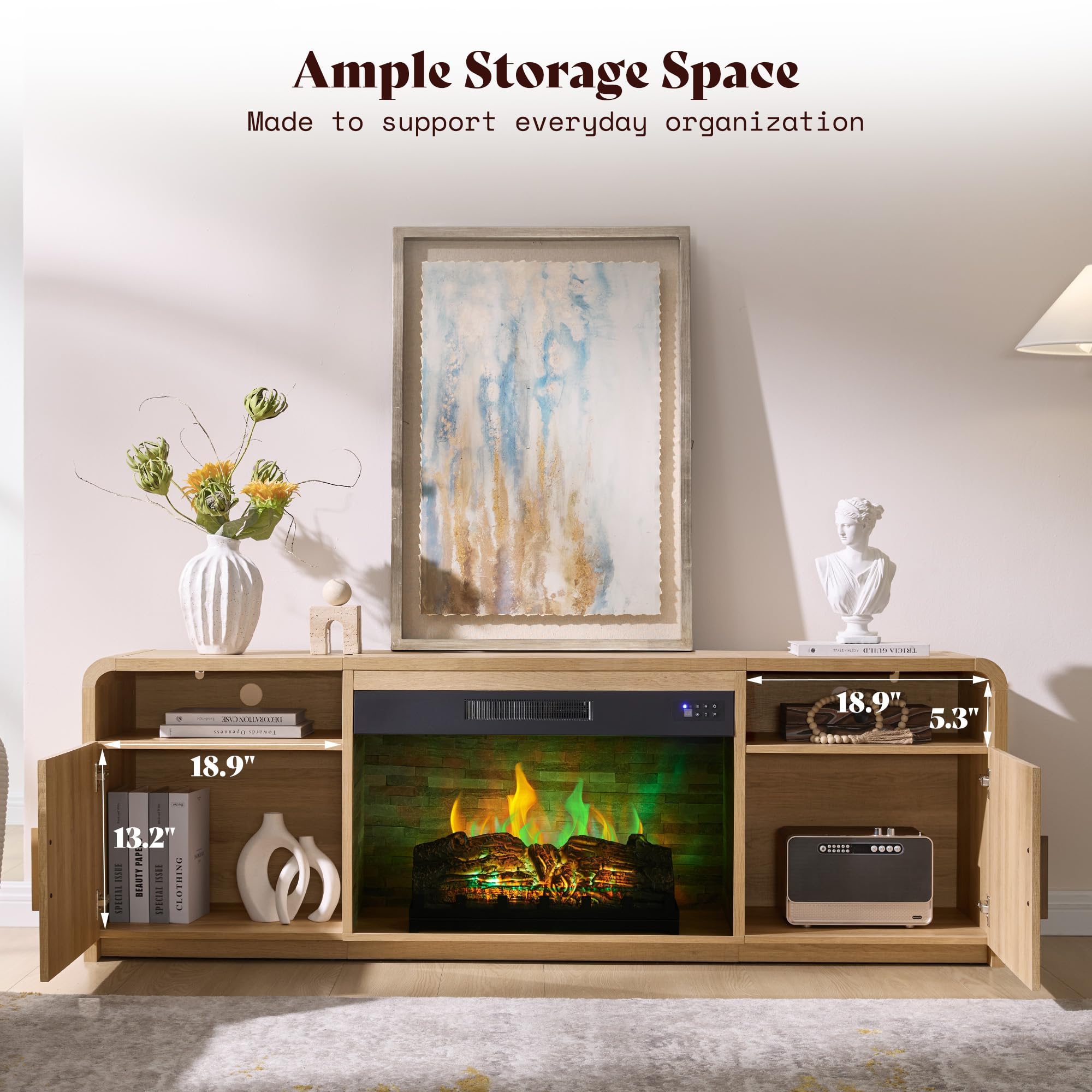 AMERLIFE 70" Fluted Fireplace TV Stand for TVs Up to 80", Modern TV Console with 30" Electric Fireplace & Storage Cabinets, Media Entertainment Center for Living Room, Natural Oak