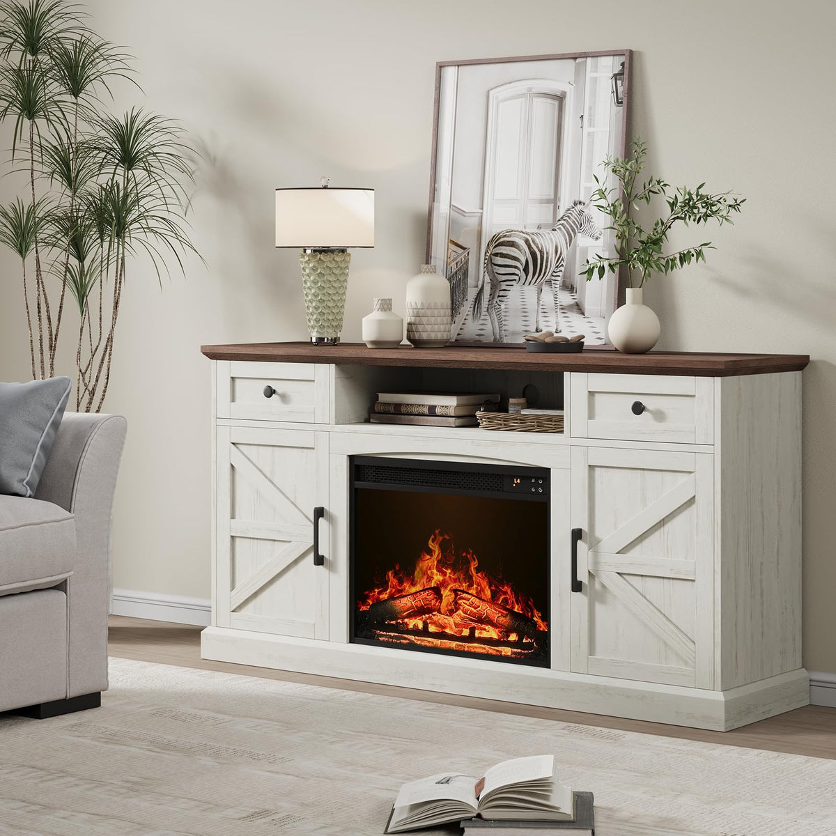 ONBRILL Farmhouse Fireplace TV Stand, TV Table with 23" Electric Fireplace