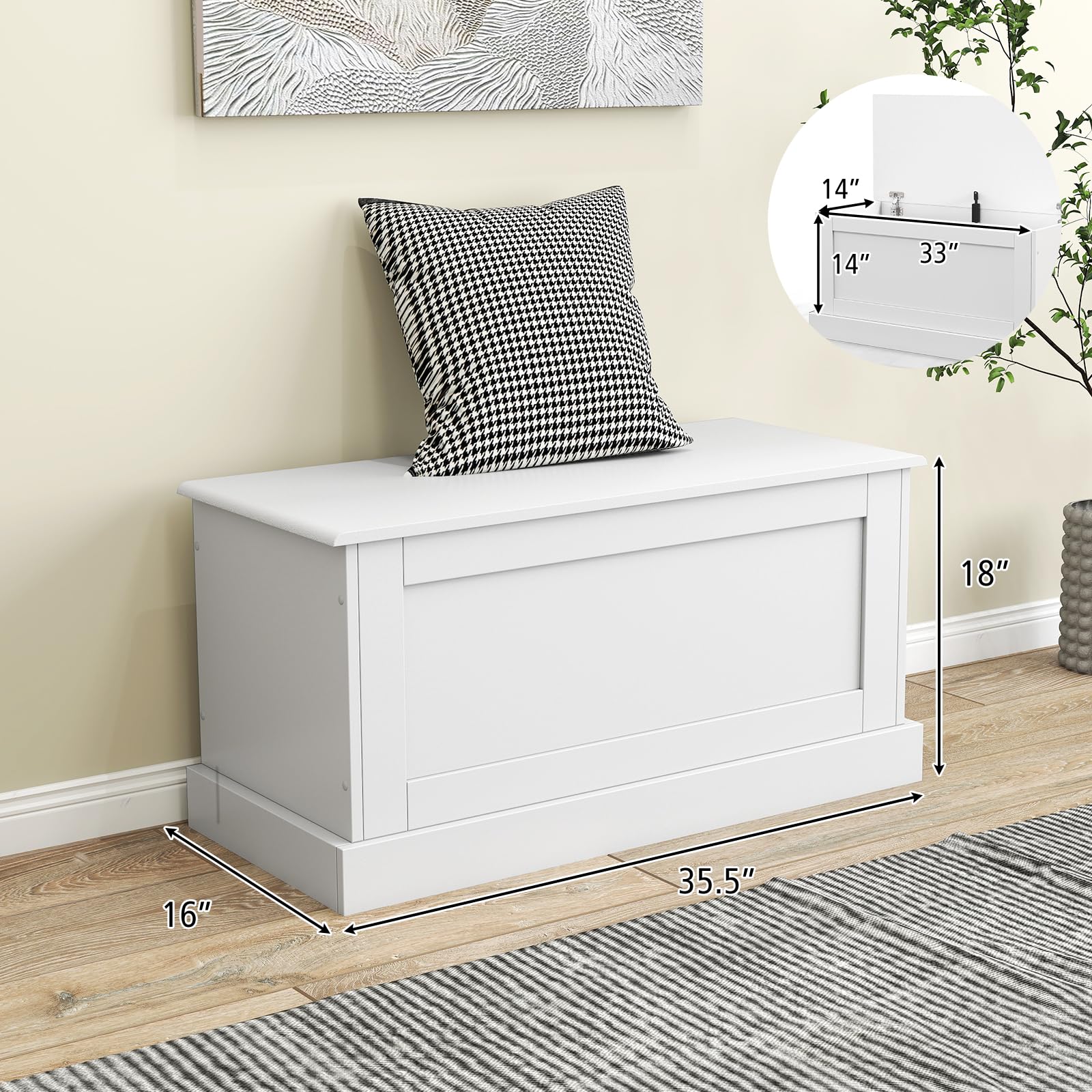 LOKO 35.5” Storage Chest, Lift Top Storage Box with Metal Hinges, Wooden Storage Bench with Safety Hydraulic Strut, Large Modern Storage Trunk for Living Room, Bedroom, Entryway (White)