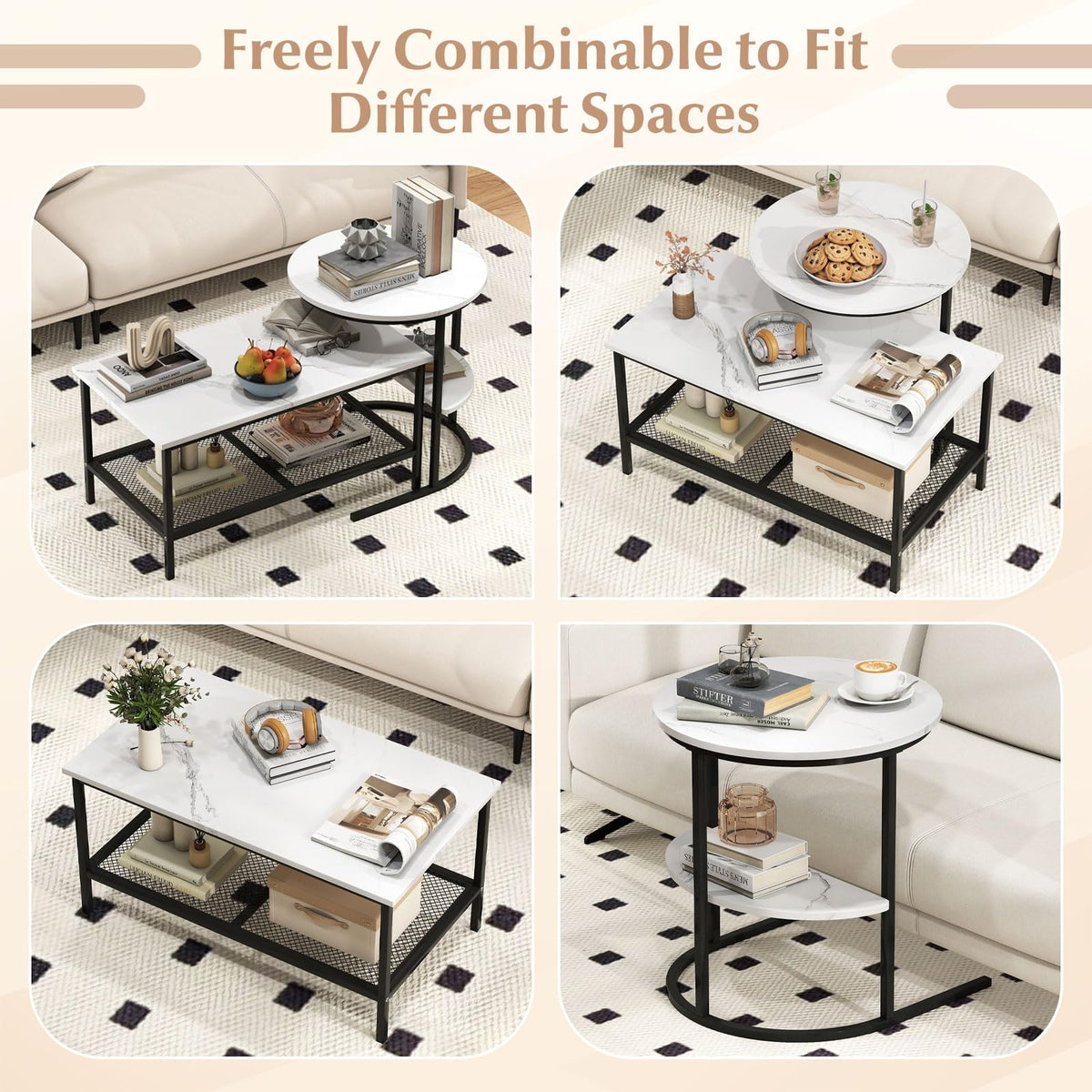 GOFLAME Nesting Coffee Table Set of 2, 2 PCS Nesting Tables with Faux Marble Top and Extra Storage Shelf, Modern Round End Table & Rectangular Coffee Tables for Living Room, Bedroom, Black+White