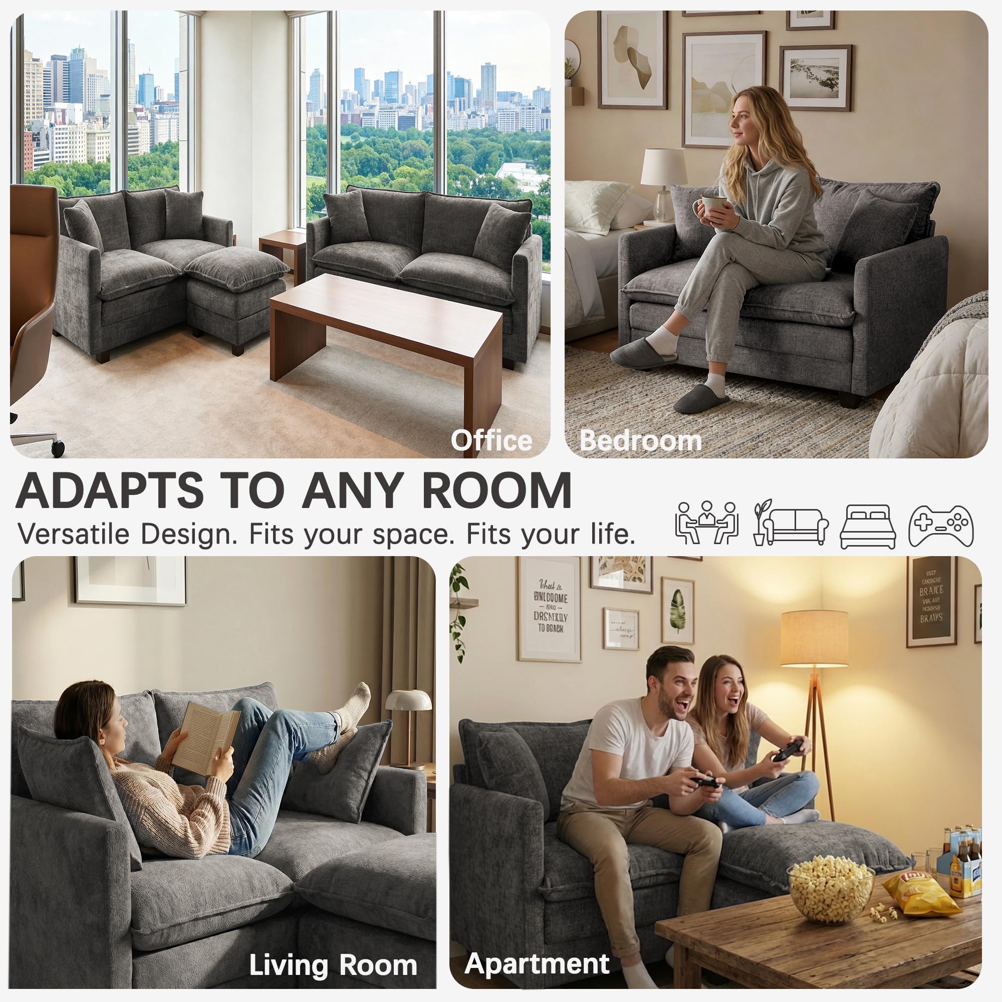 Chenille Cloud Loveseat with Deep Seat, 2 Pillows & Optional Ottoman