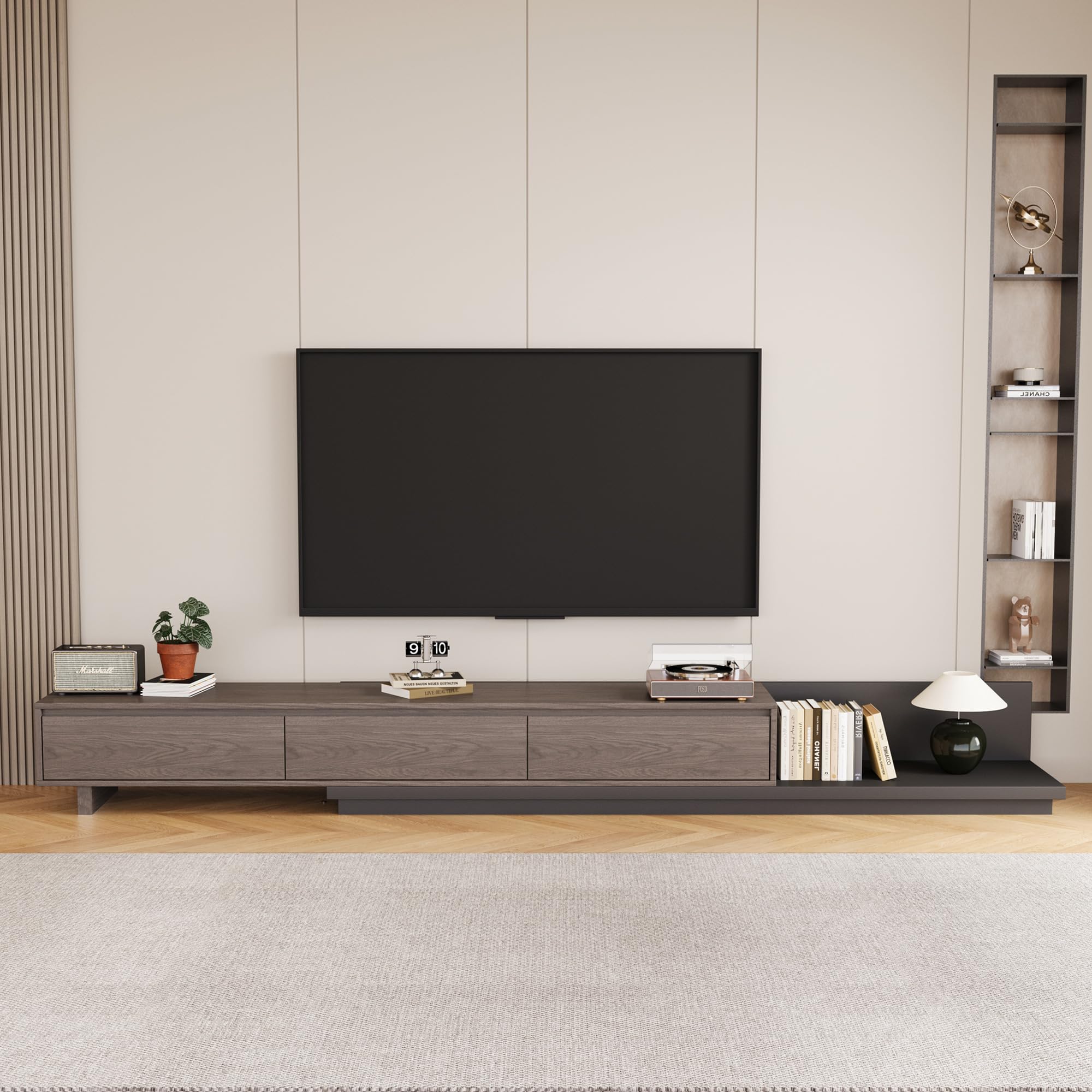 gaoyangjiaju Mid-Century Modern Extendable TV Cabinet with 3 Drawers,Entertainment Center Adjustable from 78.7" to 130",TV Stand for Living Room,Black Walnut