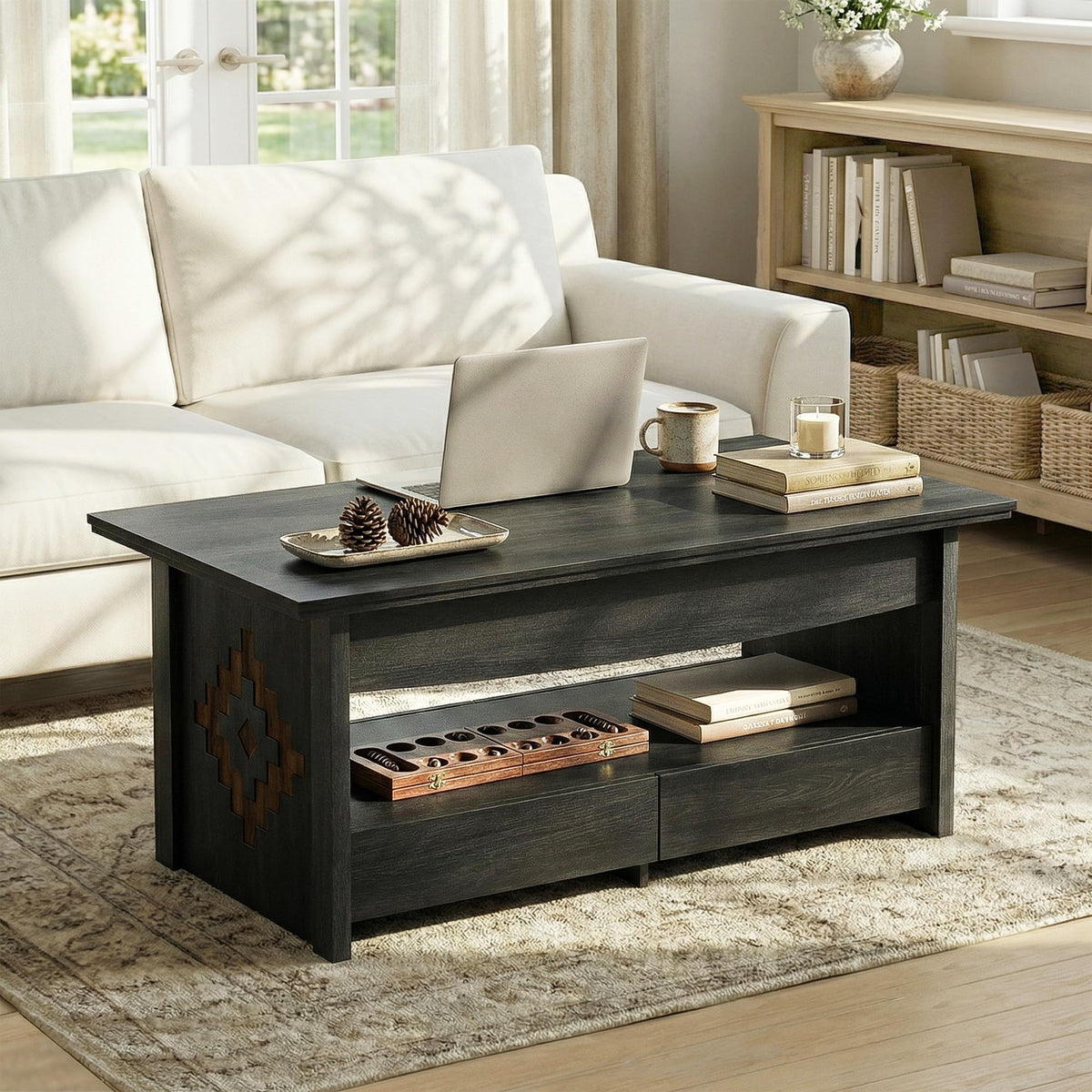 nesture. 41" Coffee Tables for Living Room, Lift Top Coffee Table with 2 Drawers and 1 Hidden Compartment,1 Open Shelf,Global Style with Wooden Lift Tabletop,Black