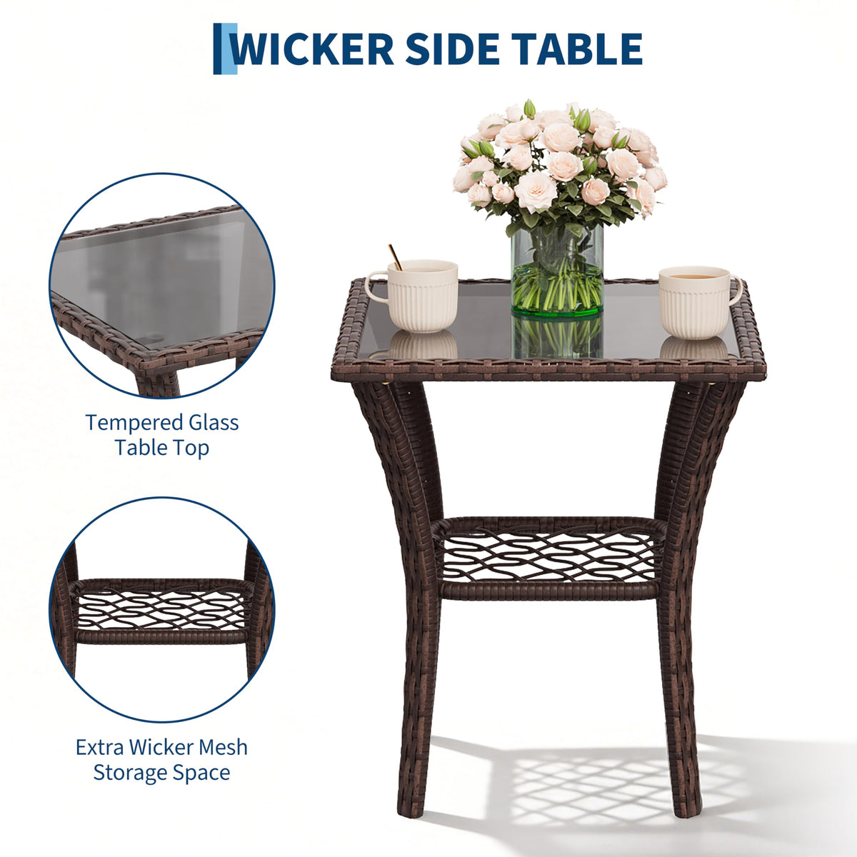 SLEKVERSA 3-Piece Swivel Bistro Patio Set – All-Weather Wicker Chairs with Tempered Glass Table & Thick Blue Cushions for Garden, Balcony, Deck – Brown Gradient Rattan + Blue Cushion