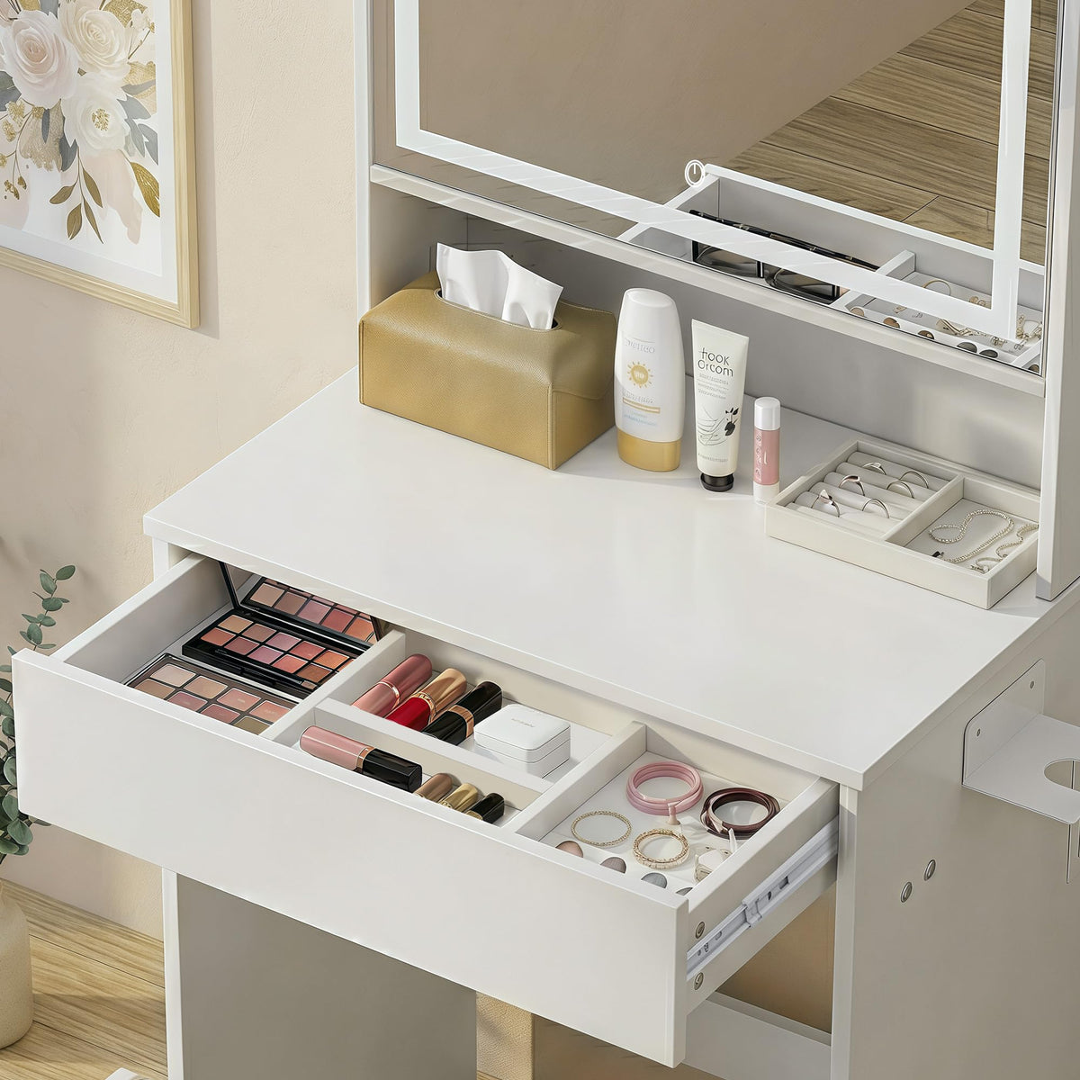 RIHHA Small Vanity Desk with Lighted Mirror & Charging Station, 24" White Makeup Vanity Table Set with Top Shelf & Hidden Storage, Compact Mini Dressing Desk with Stool for Bedroom, Girls, Teens