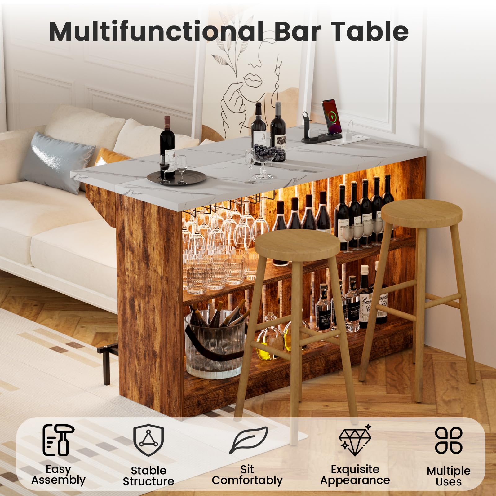 VAXZOFI Home Bar Unit with LED Lights and Charging Station, Imitation Marble Mini Coffee Bar Pub Table with 2-Tier Storage, Footrest, Drop Leaf Kitchen Islands for Dining Room, Bistro, Living Room