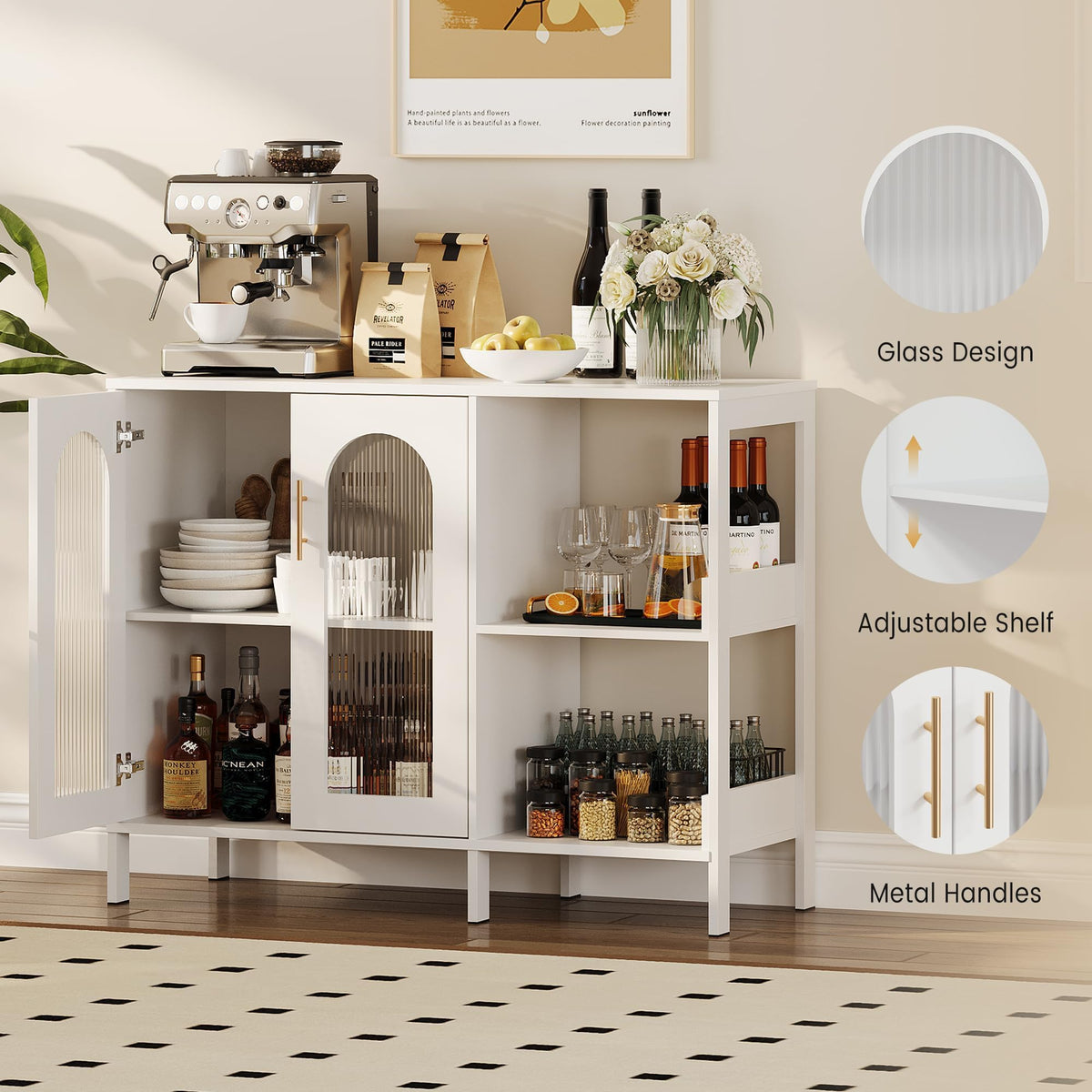 GarveeHome Glass Door Sideboard Cabinet, Modern Storage Buffet with Metal Handles & Adjustable Shelves, Solid Wood Frame Display Cabinet for Living Room, Dining Room, Kitchen, Entryway, White