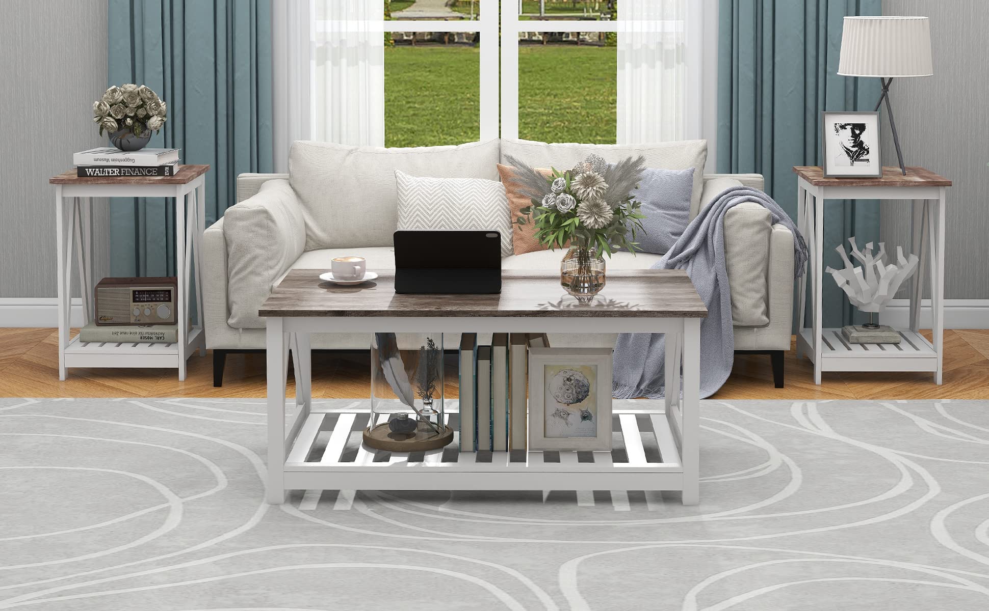 Farmhouse Coffee Table & End Table Set with Slats Storage