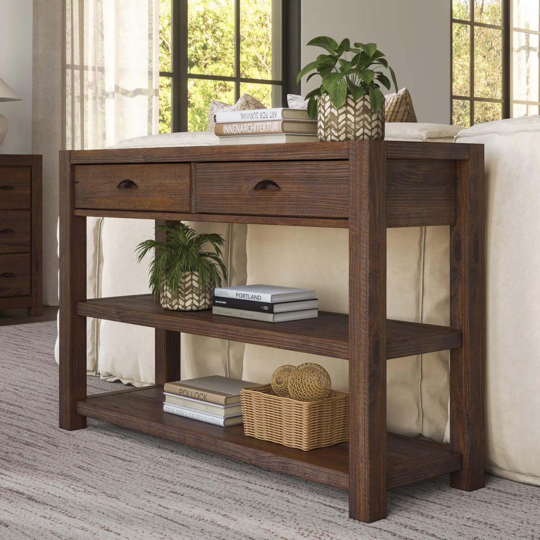 Solid Wood Console Table with Drawers & Shelves