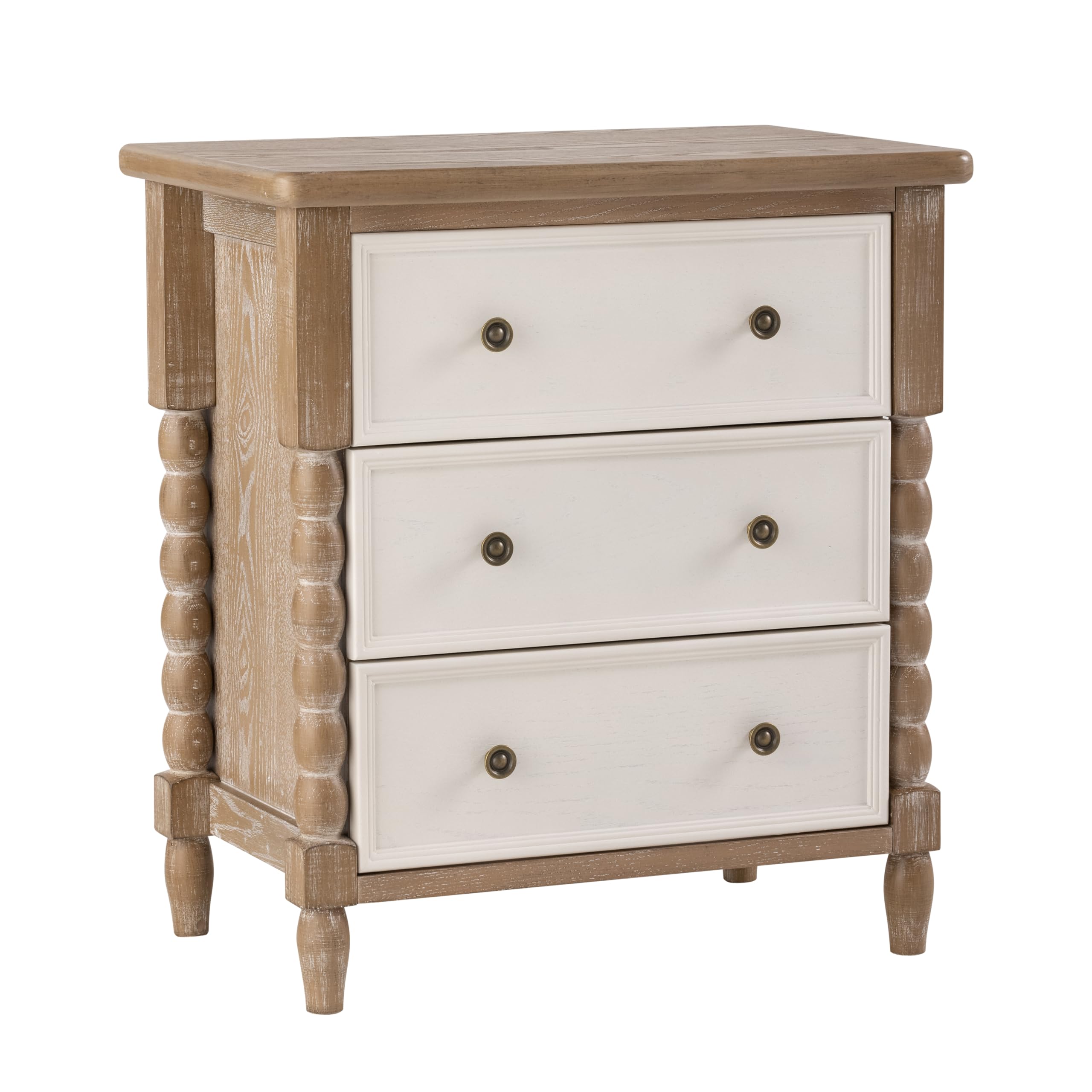 COZAYH Farmhouse 3-Drawer Dresser, Rustic Wood Chest with Turned Legs, Vintage Nightstand Storage Cabinet for Bedroom, Distressed Natural & White Finish, Almost Fully Assembled
