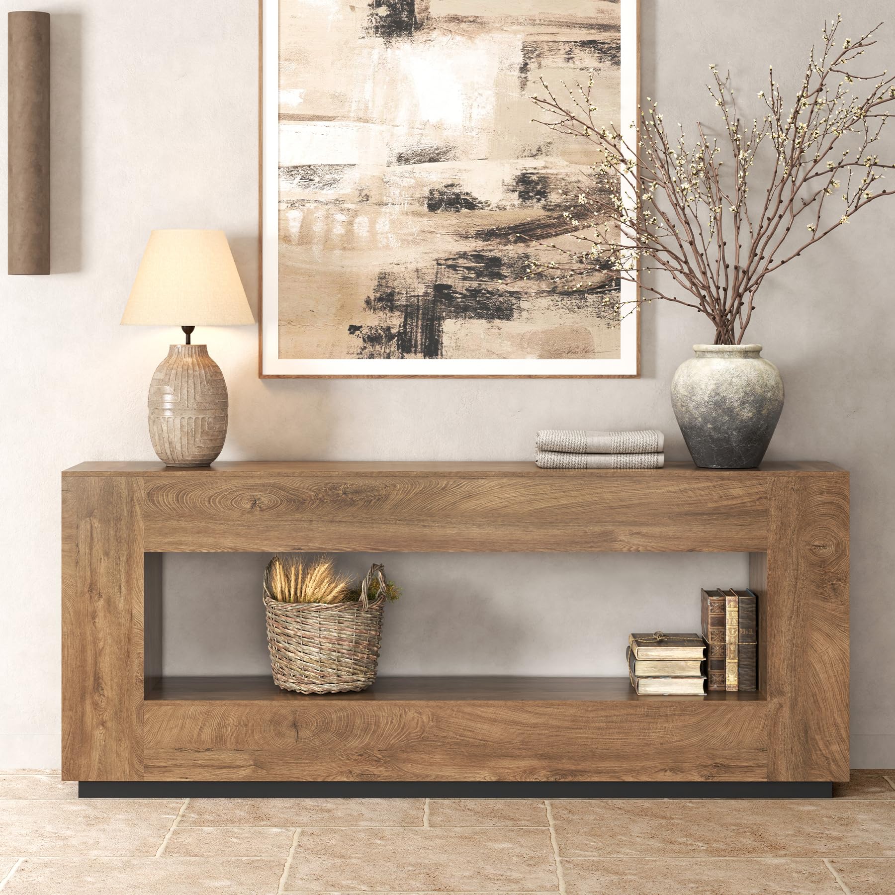 Epecoya 78 Inch Extra Long Console Table for Entryway, 2-Tier Wood Sofa Table Behind Couch with Storage Shelf, Farmhouse Entrance Table with Thickened Base for Living Room, Foyer, Hallway, Oak Brown