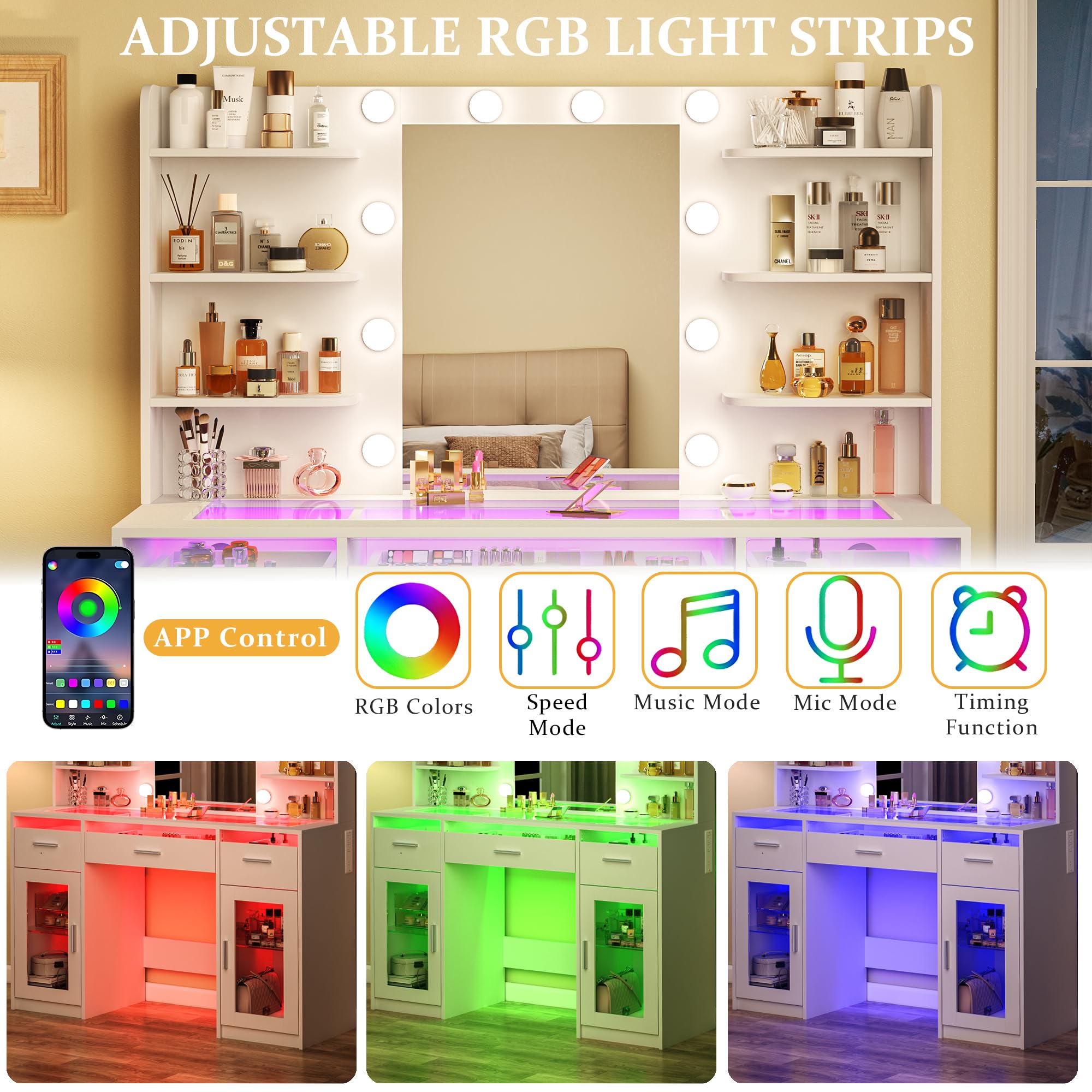 HUAHUU Vanity Desk, Makeup Vanity Desk with Mirror and Lights 3 Colors, Transparent Top with 3 RGB Drawers, 6 Shelves, 2 Large Tempered Cabinets, Power Outlet, for Bedroom, White